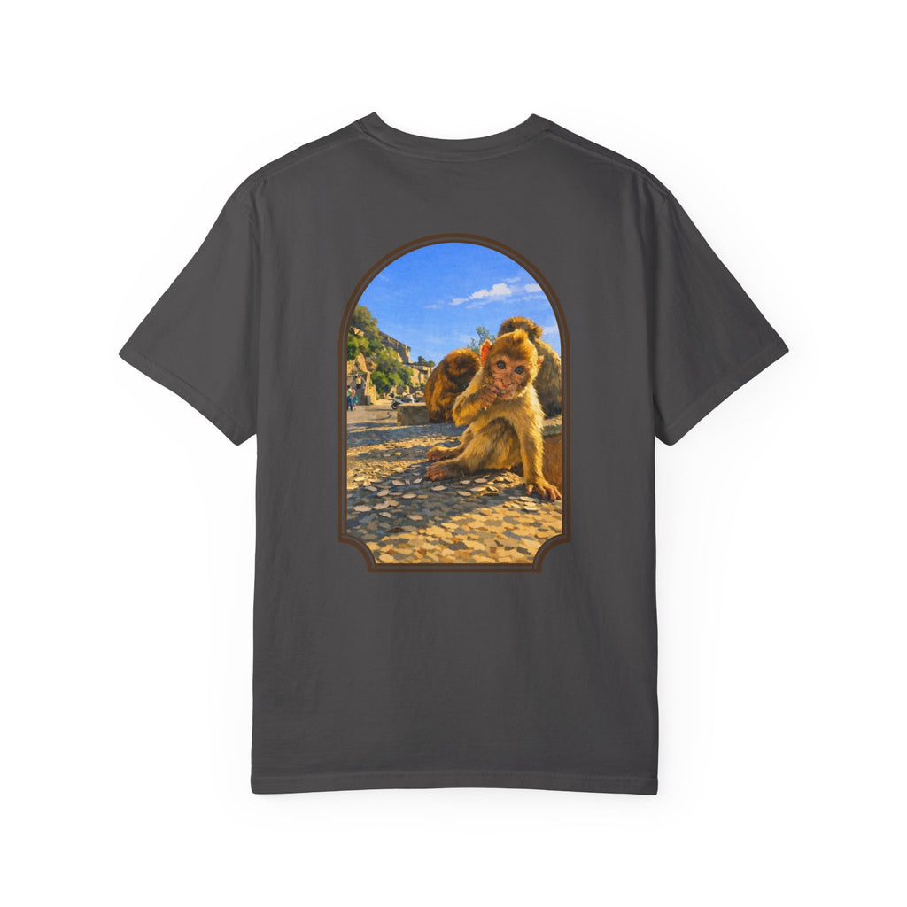 Gibraltar Baby Barbary Macaque T-Shirt — Playful Wildlife Monkey Art Garment-Dyed Tee