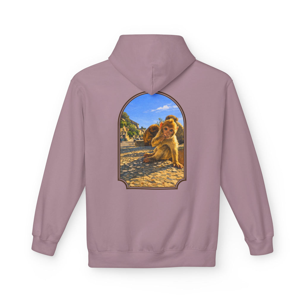 Gibraltar Baby Barbary Macaque Hoodie — Playful Wildlife Monkey Art Premium Fleece