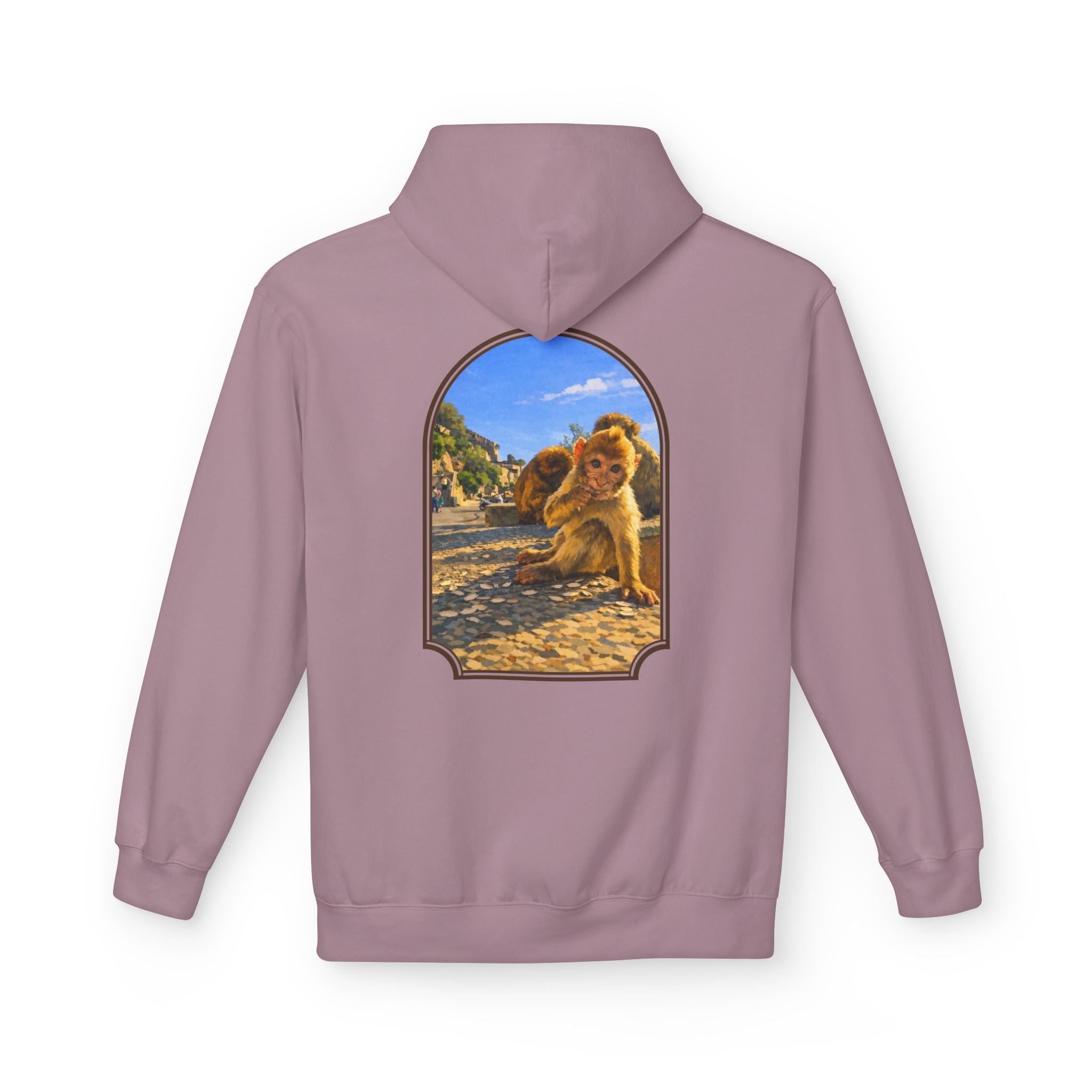 Gibraltar Baby Barbary Macaque Hoodie — Playful Wildlife Monkey Art Premium Fleece