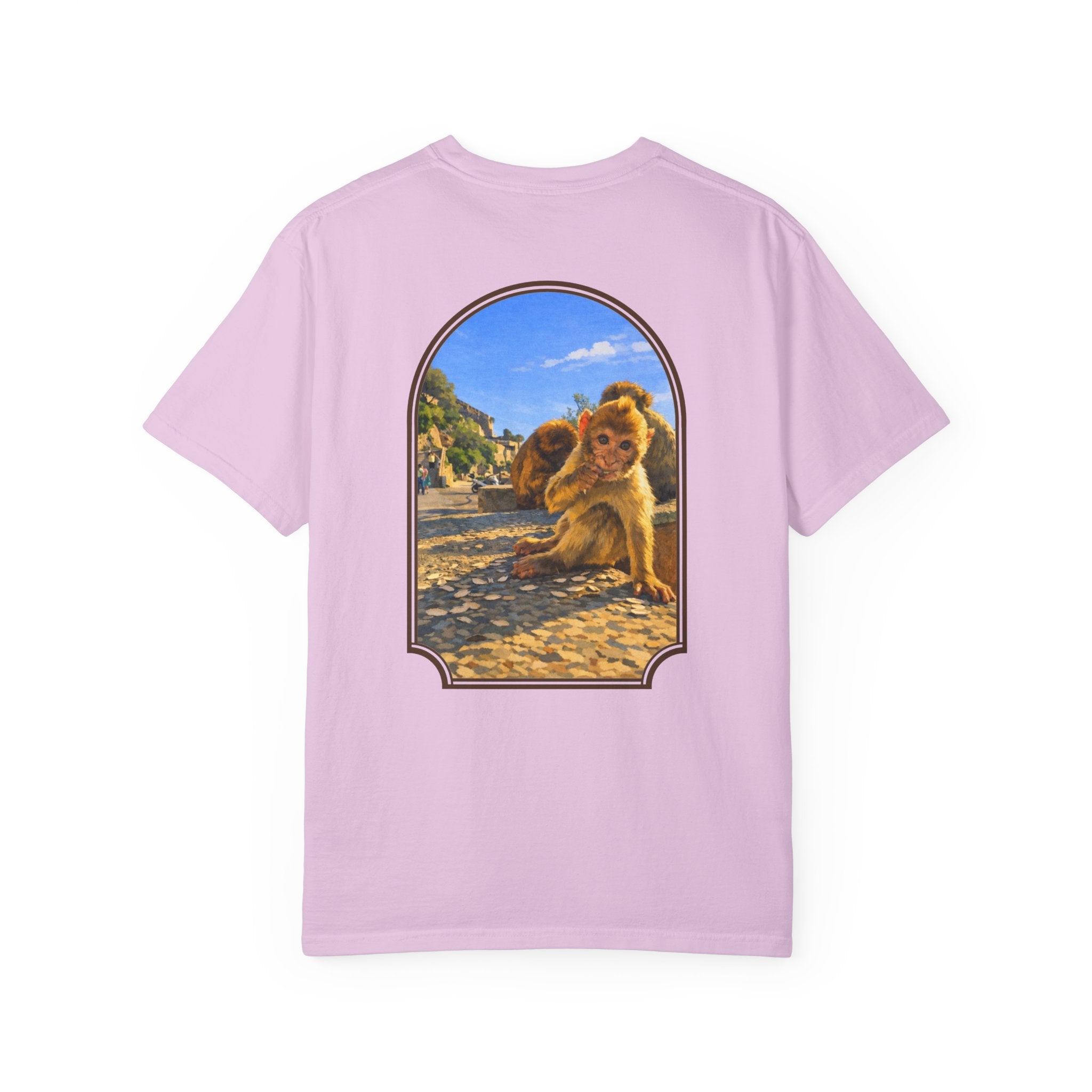 Gibraltar Baby Barbary Macaque T-Shirt — Playful Wildlife Monkey Art Garment-Dyed Tee