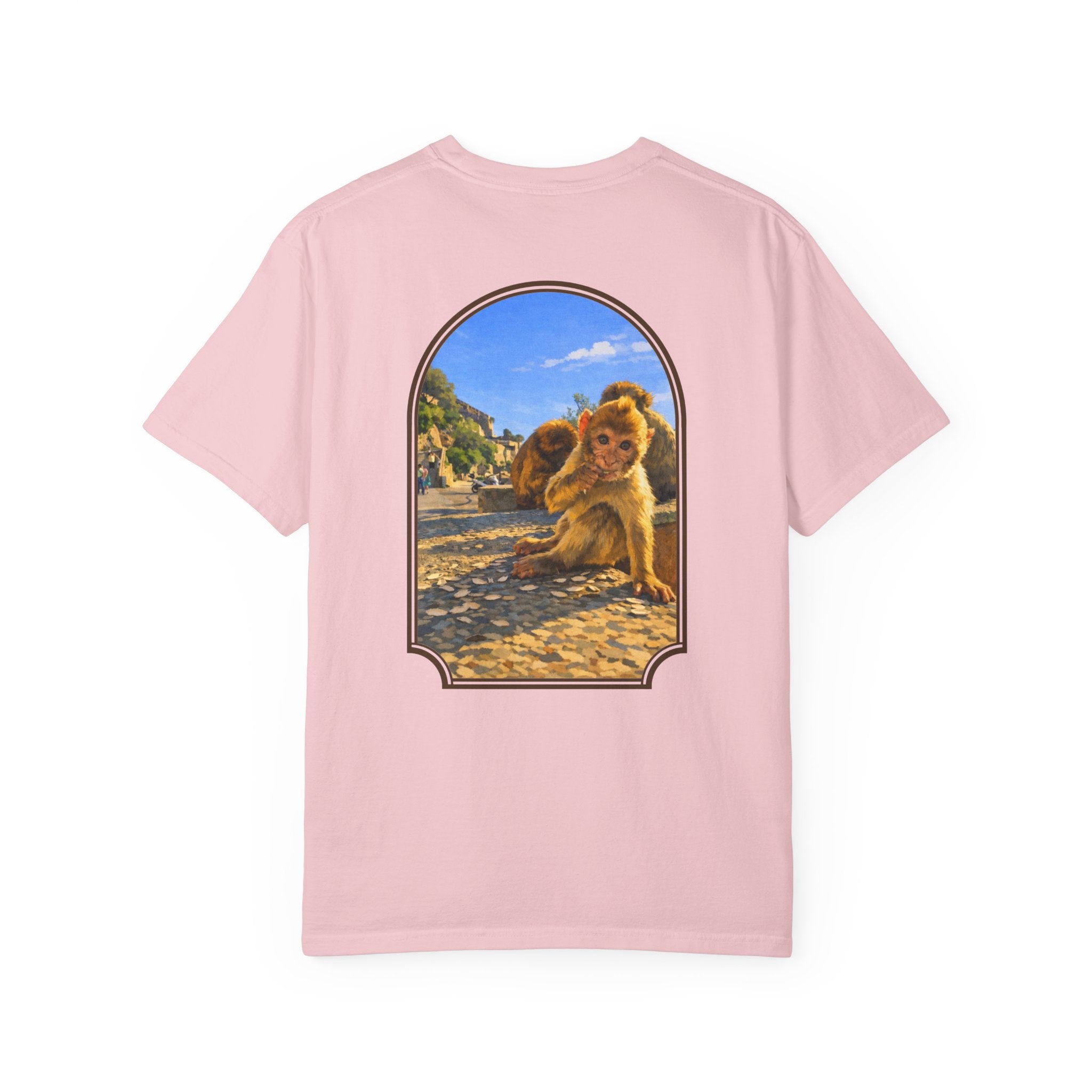 Gibraltar Baby Barbary Macaque T-Shirt — Playful Wildlife Monkey Art Garment-Dyed Tee