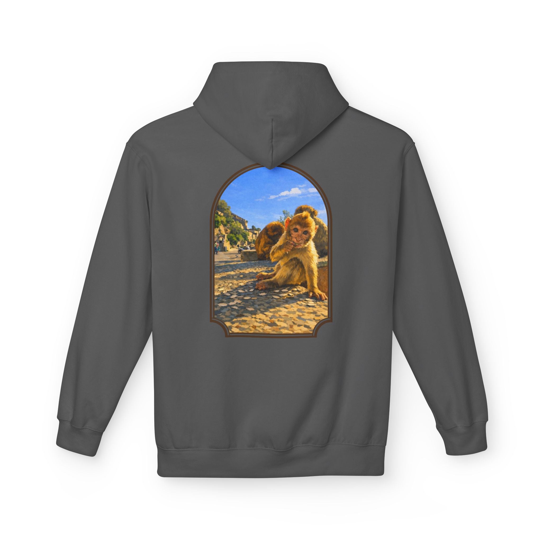 Gibraltar Baby Barbary Macaque Hoodie — Playful Wildlife Monkey Art Premium Fleece
