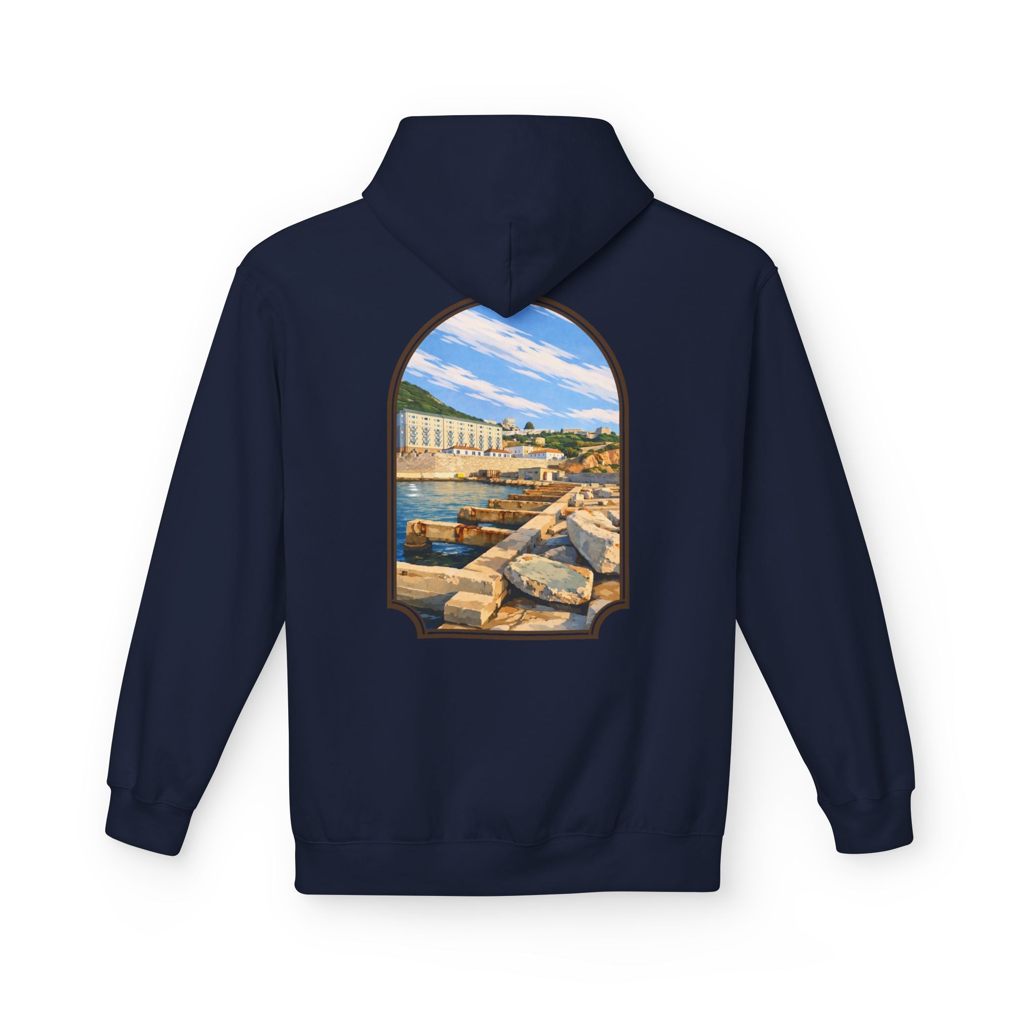 Gibraltar El Rolli Hoodie — Premium Harbor Window Art Hoodie | Gibraltar Heritage Apparel