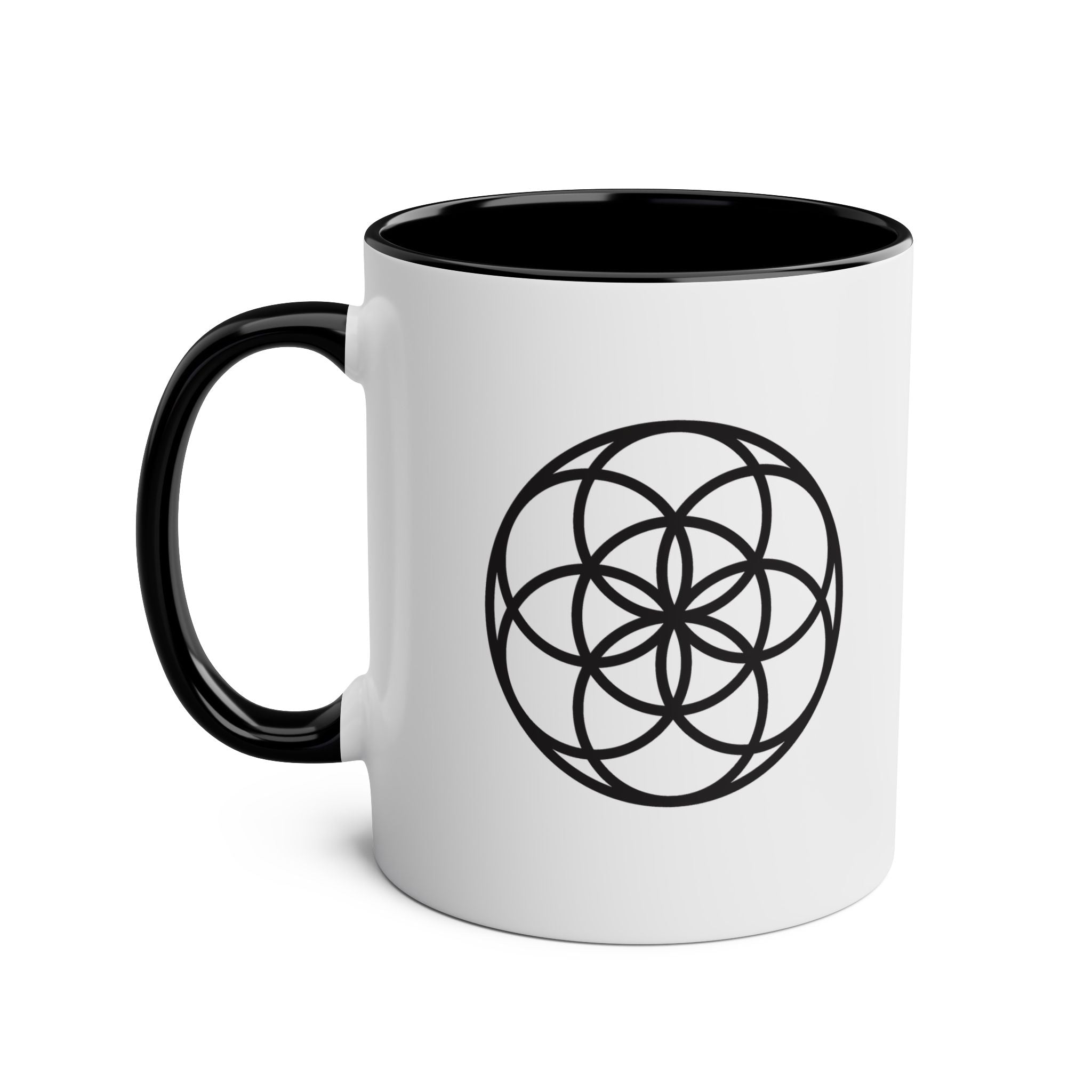 Seed of Life Black Accent Coffee Mug — Two-Tone 11oz Spiritual Geometry Design
