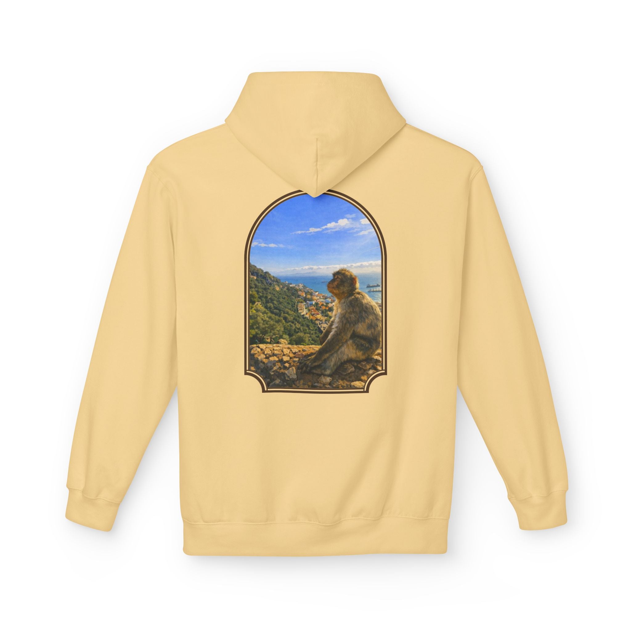 Gibraltar Sitting Barbary Macaque Hoodie — Wildlife Monkey Art Premium Fleece Sweatshirt