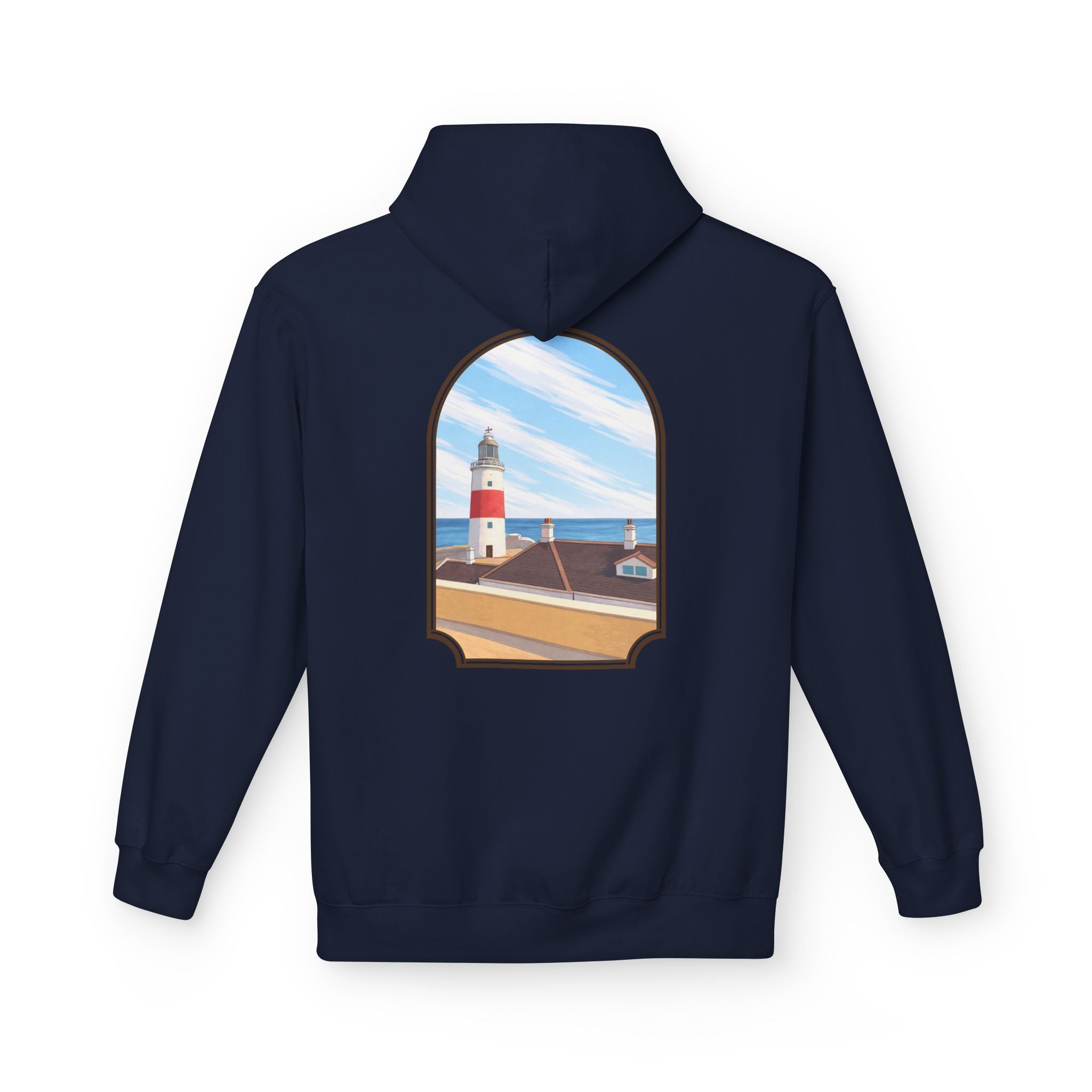 Gibraltar La Farola Hoodie — Premium Lighthouse Window Art Hoodie | Gibraltar Heritage Apparel