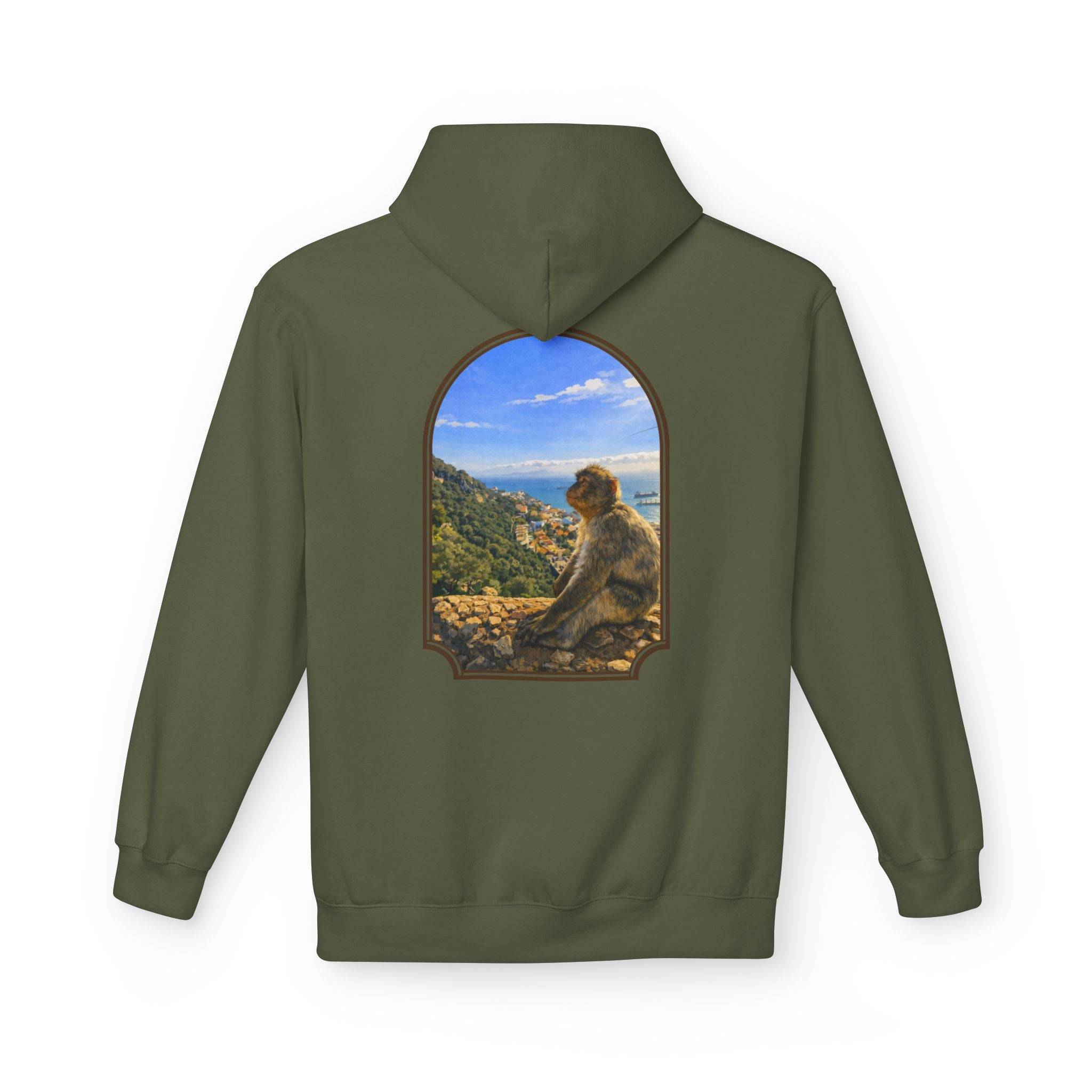 Gibraltar Sitting Barbary Macaque Hoodie — Wildlife Monkey Art Premium Fleece Sweatshirt