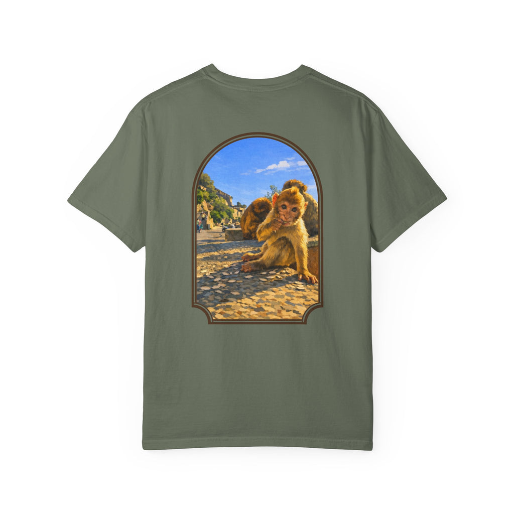 Gibraltar Baby Barbary Macaque T-Shirt — Playful Wildlife Monkey Art Garment-Dyed Tee