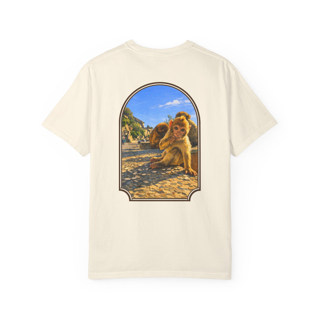 Gibraltar Baby Barbary Macaque T-Shirt — Playful Wildlife Monkey Art Garment-Dyed Tee