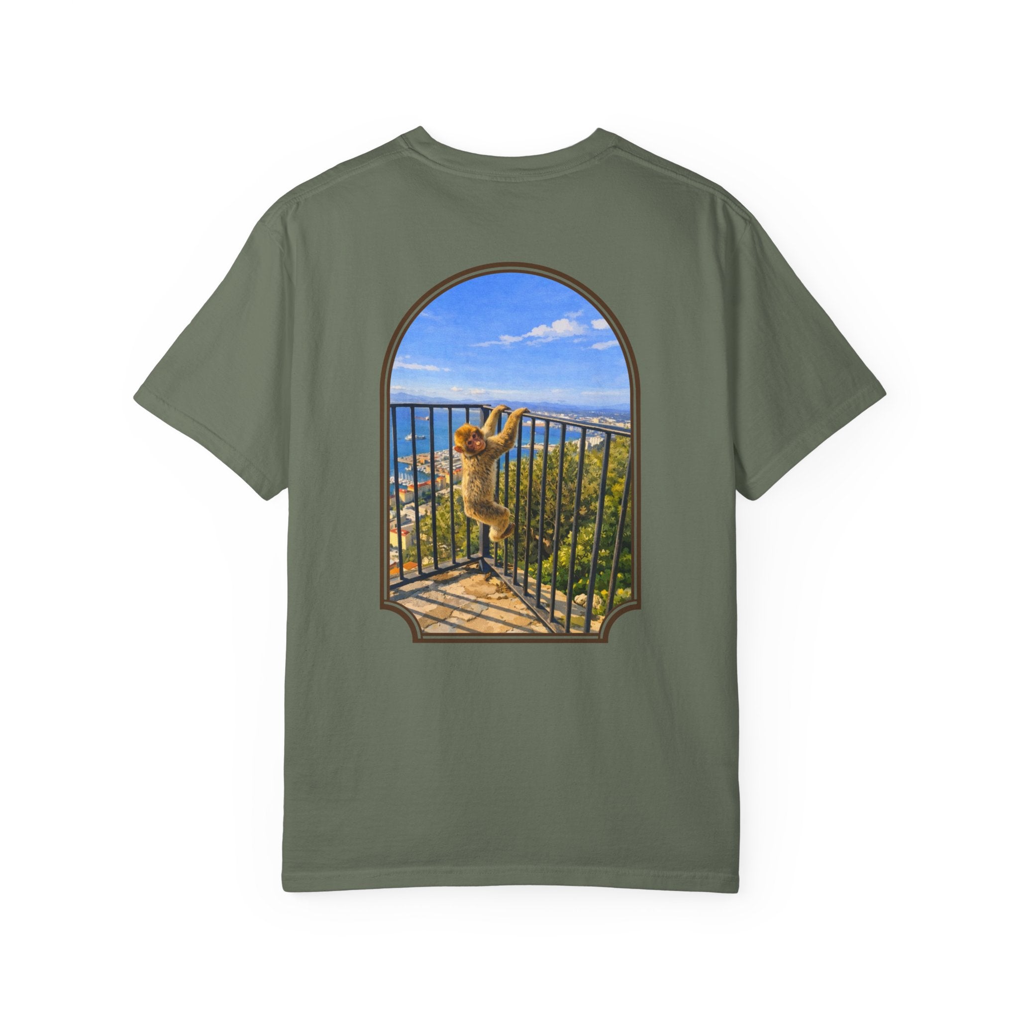 Gibraltar Hanging Barbary Macaque T-Shirt — Wildlife Monkey Art Garment-Dyed Tee