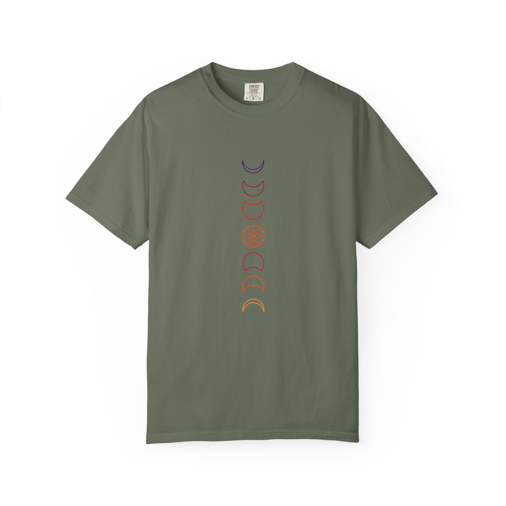 Colorful Moon Phases T-Shirt — Minimalist Lunar Cycle Graphic Tee