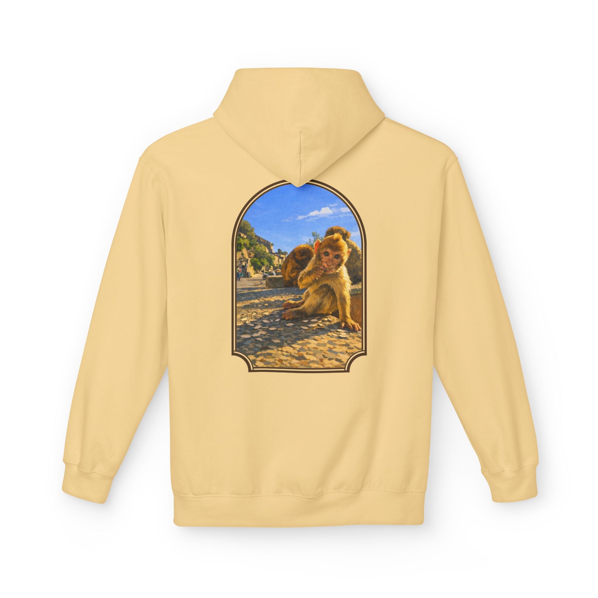 Gibraltar Baby Barbary Macaque Hoodie — Playful Wildlife Monkey Art Premium Fleece