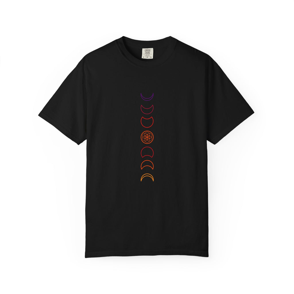 Colorful Moon Phases T-Shirt — Minimalist Lunar Cycle Graphic Tee
