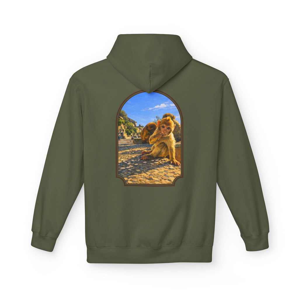 Gibraltar Baby Barbary Macaque Hoodie — Playful Wildlife Monkey Art Premium Fleece