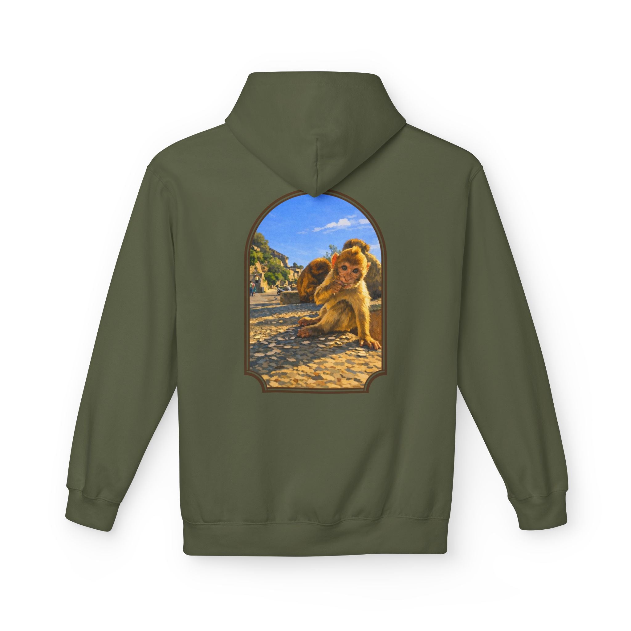 Gibraltar Baby Barbary Macaque Hoodie — Playful Wildlife Monkey Art Premium Fleece