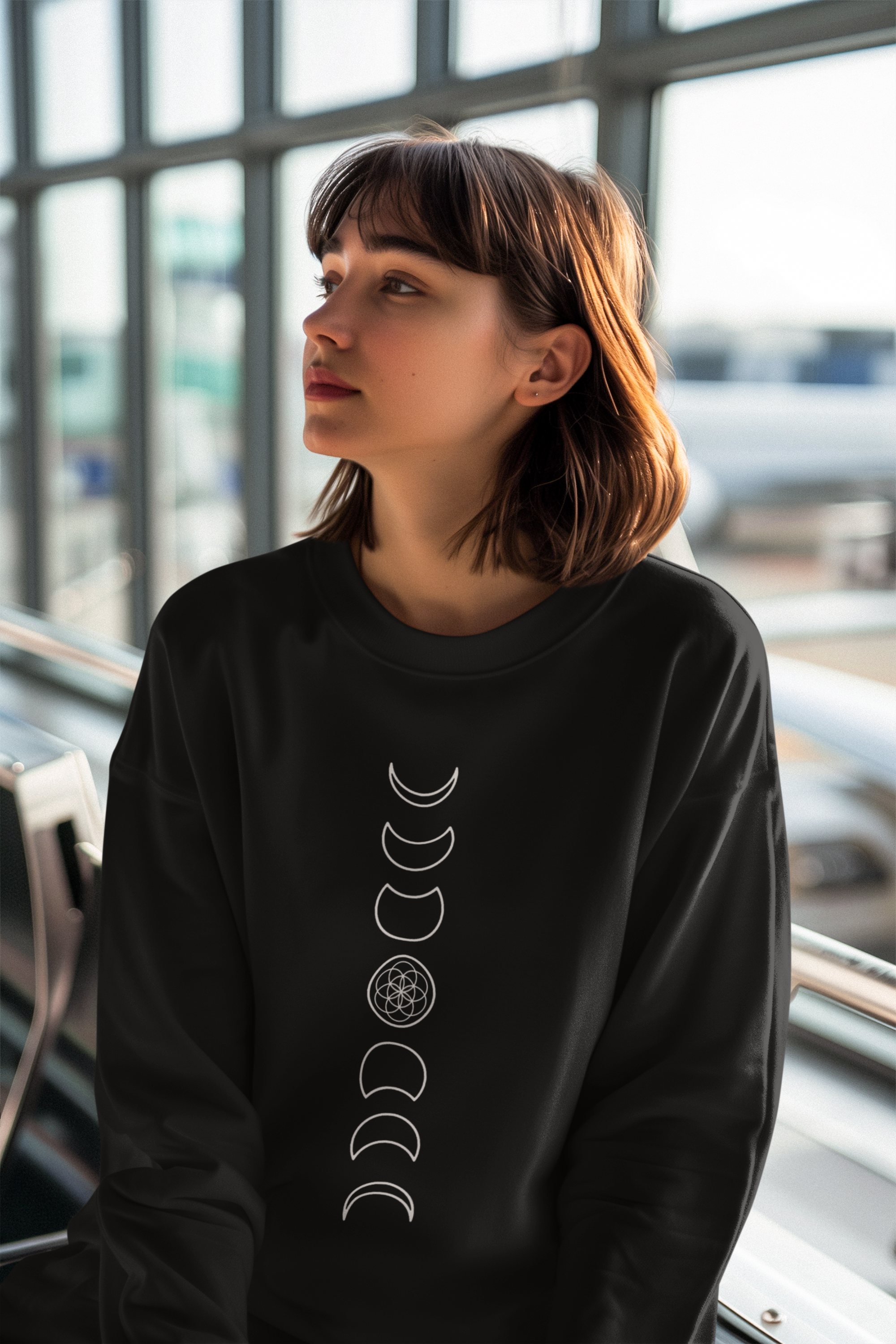 Seed of Life Moon Phases Sweatshirt — Minimalist Line Art Crewneck