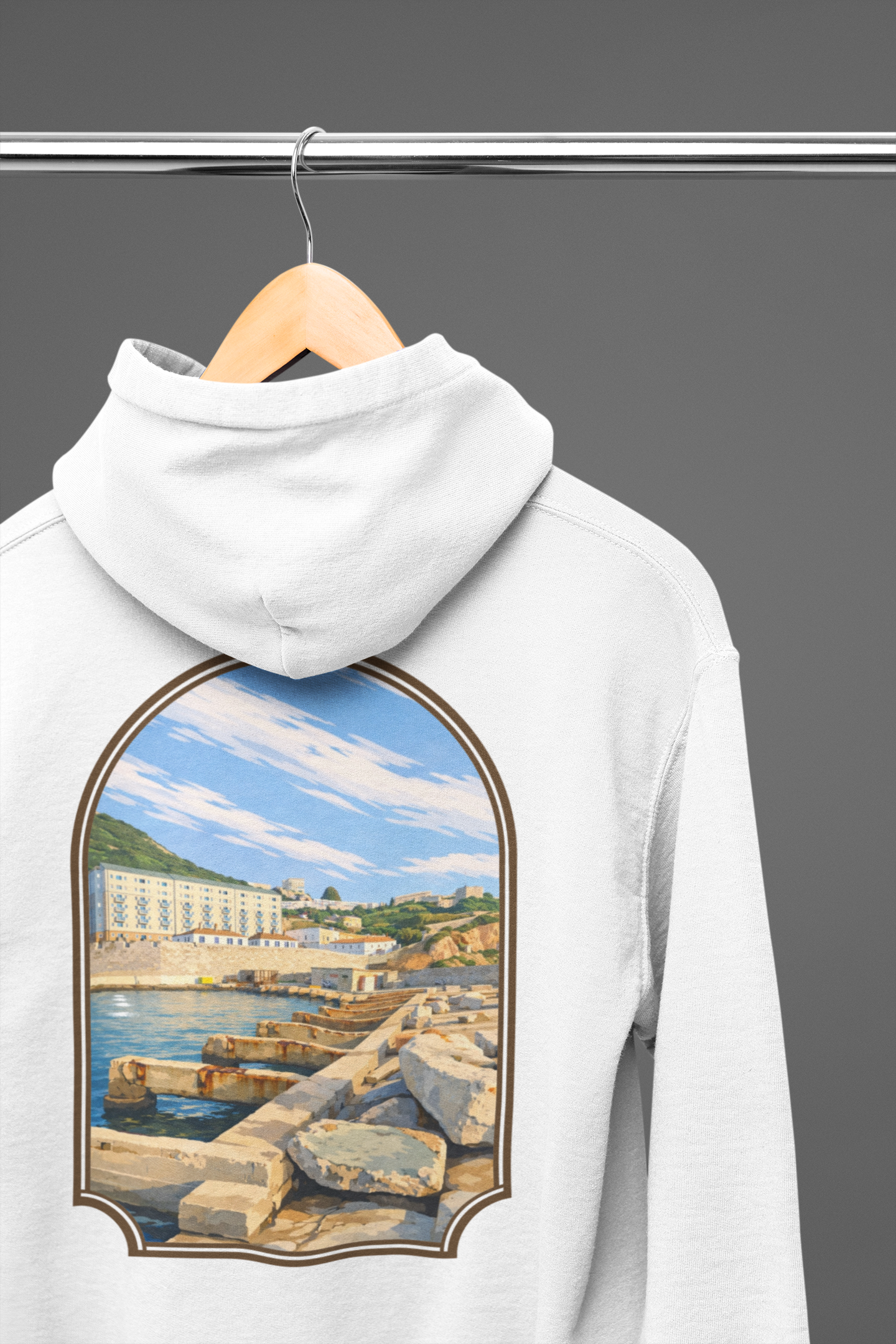 Gibraltar El Rolli Hoodie — Premium Harbor Window Art Hoodie | Gibraltar Heritage Apparel