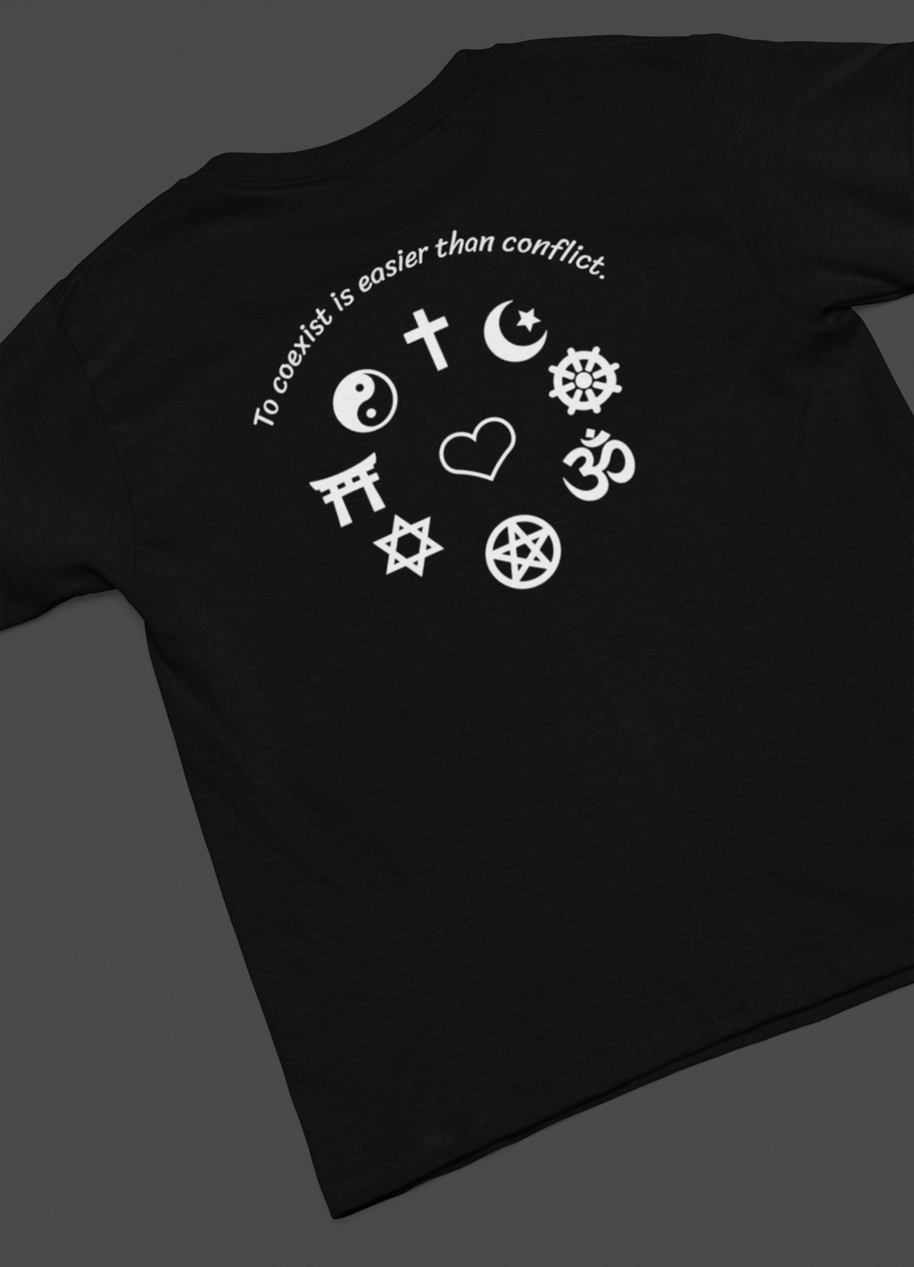 Coexistence T-Shirt — Religious Symbols Peace Tee | Interfaith Unity & Spiritual Harmony Design