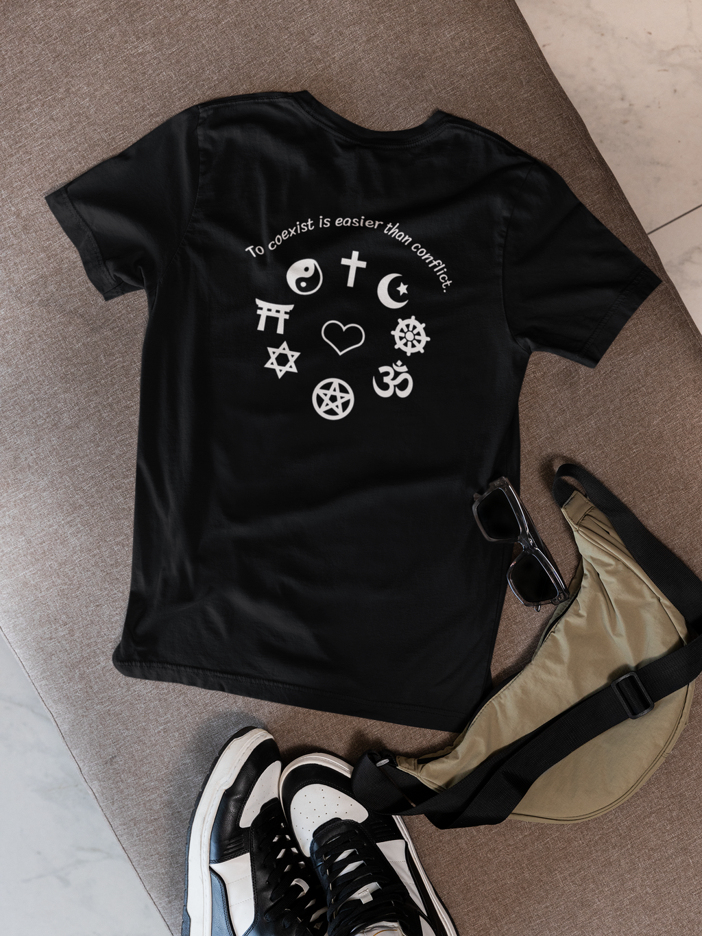 Coexistence T-Shirt — Religious Symbols Peace Tee | Interfaith Unity & Spiritual Harmony Design