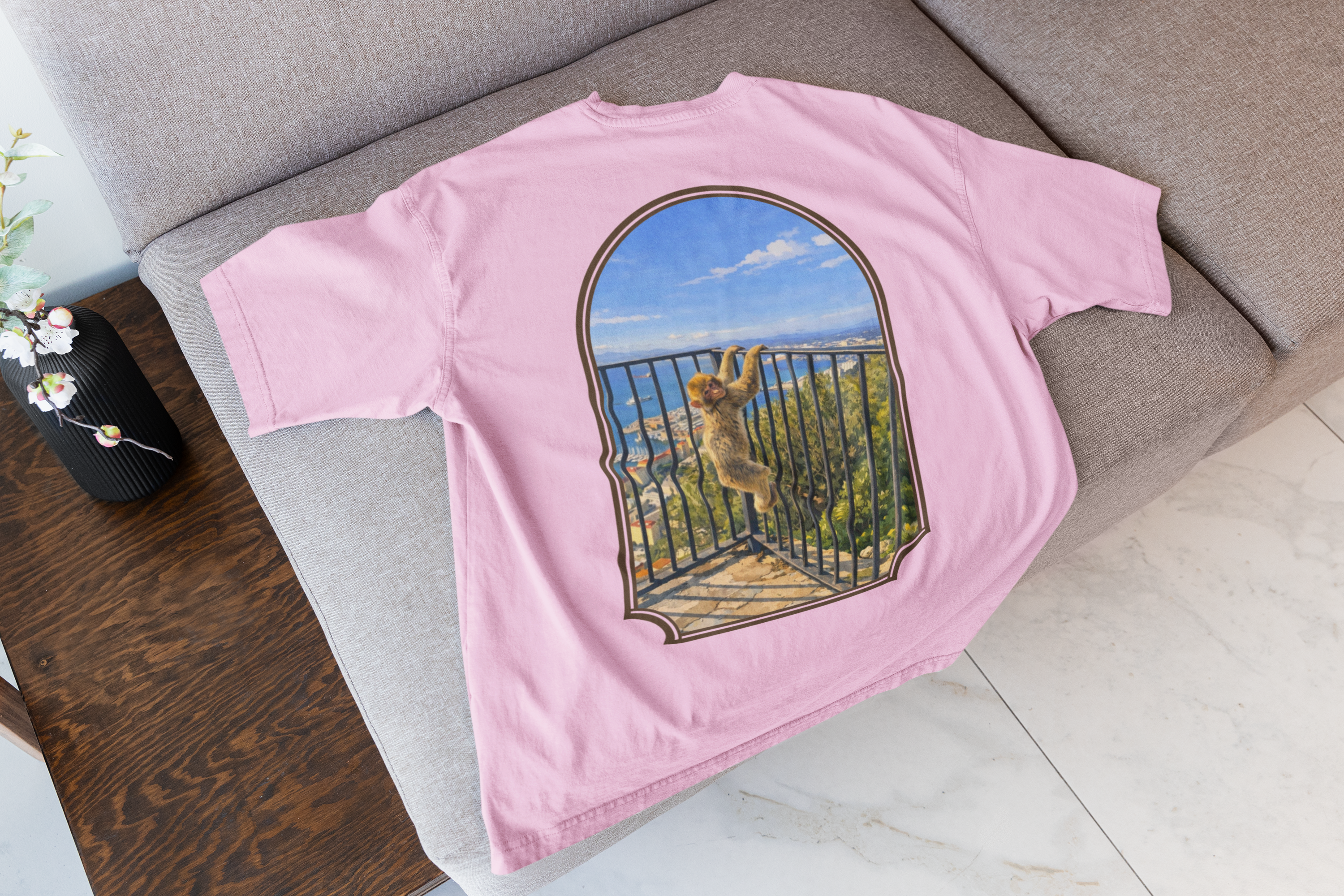 Gibraltar Hanging Barbary Macaque T-Shirt — Wildlife Monkey Art Garment-Dyed Tee