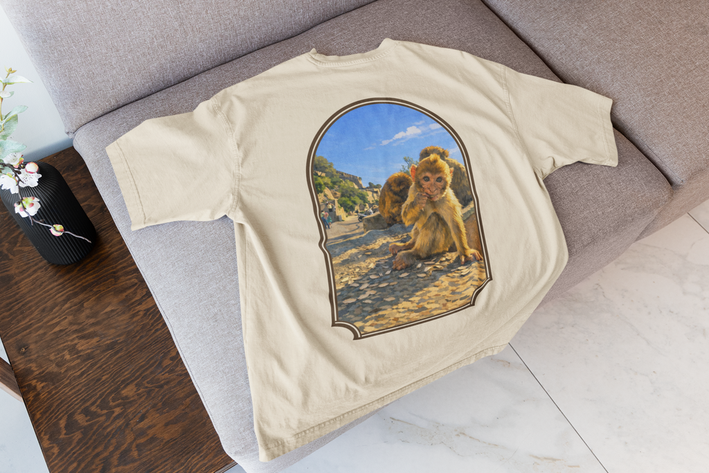 Gibraltar Baby Barbary Macaque T-Shirt — Playful Wildlife Monkey Art Garment-Dyed Tee