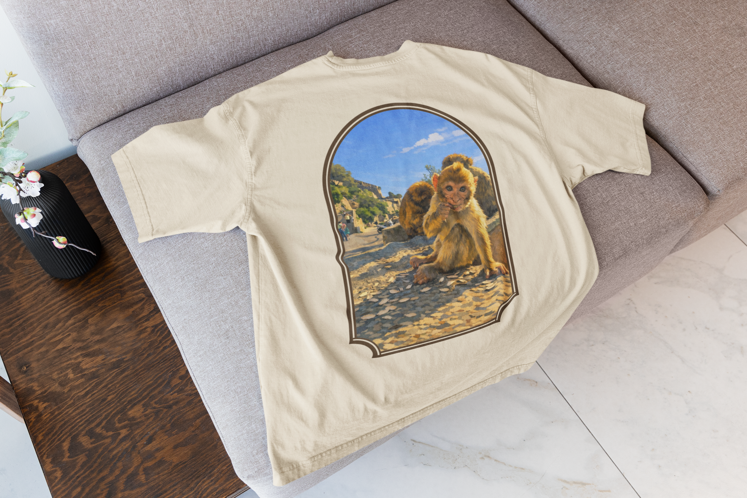Gibraltar Baby Barbary Macaque T-Shirt — Playful Wildlife Monkey Art Garment-Dyed Tee