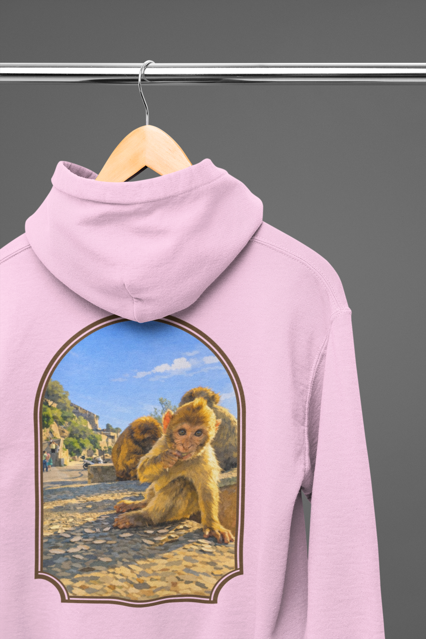 Gibraltar Baby Barbary Macaque Hoodie — Playful Wildlife Monkey Art Premium Fleece