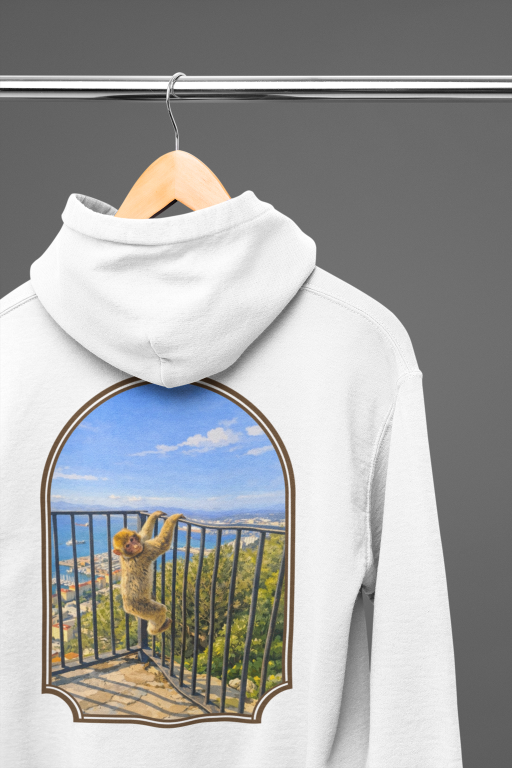 Gibraltar Hanging Barbary Macaque Hoodie — Wildlife Monkey Art Premium Fleece Sweatshirt