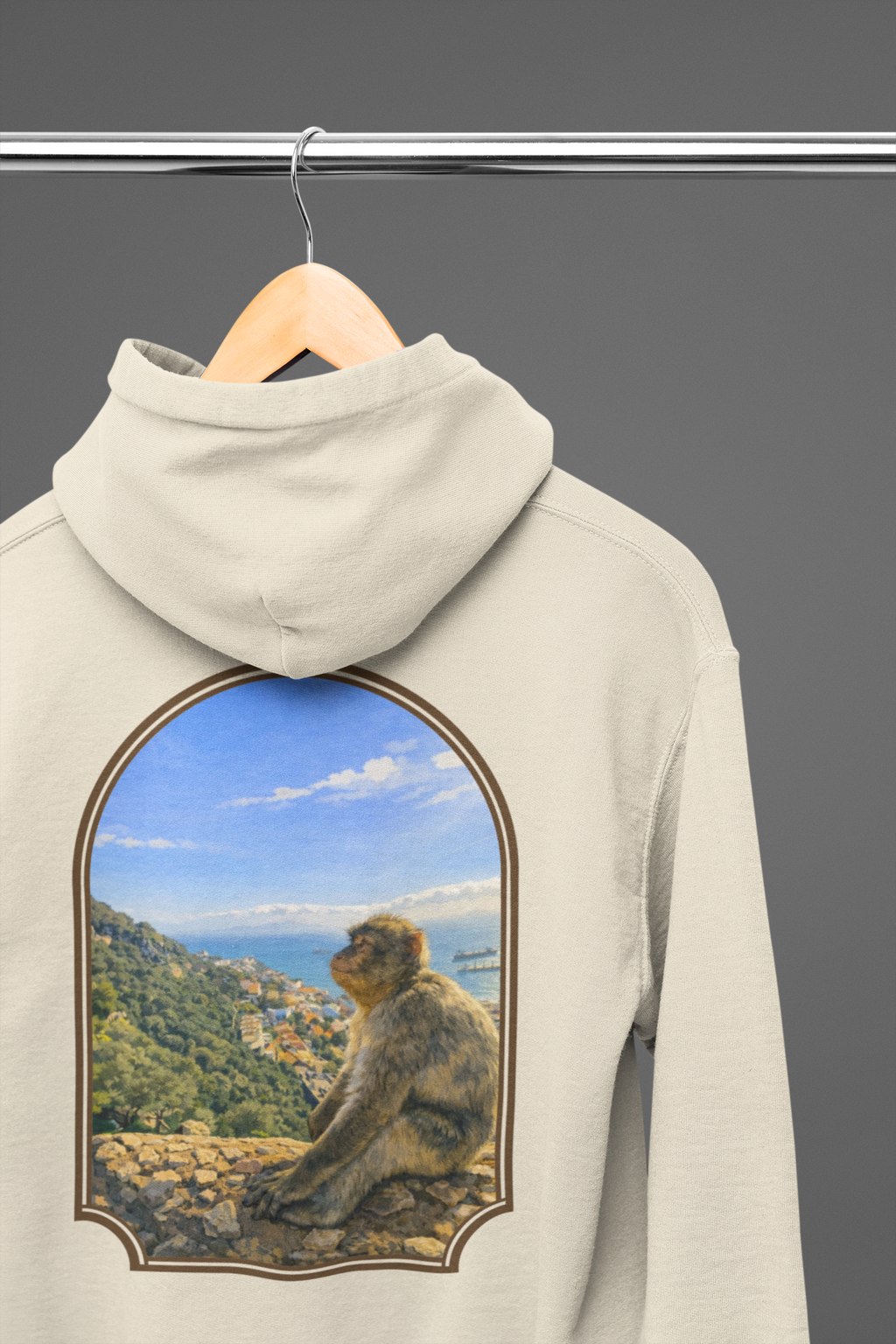 Gibraltar Sitting Barbary Macaque Hoodie — Wildlife Monkey Art Premium Fleece Sweatshirt