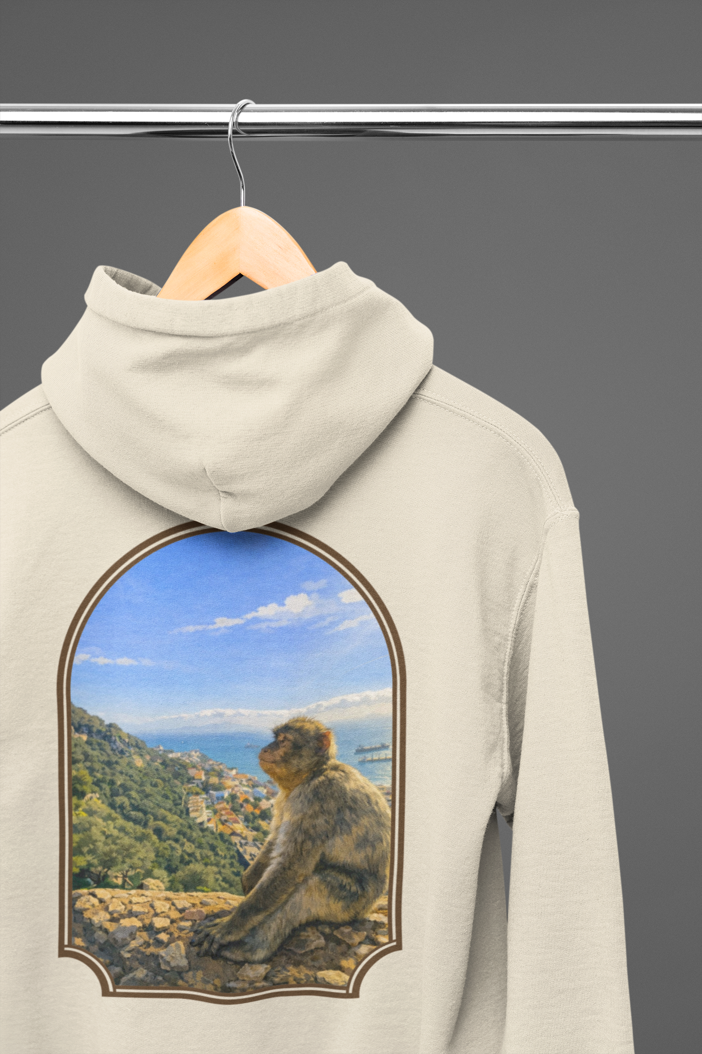 Gibraltar Sitting Barbary Macaque Hoodie — Wildlife Monkey Art Premium Fleece Sweatshirt