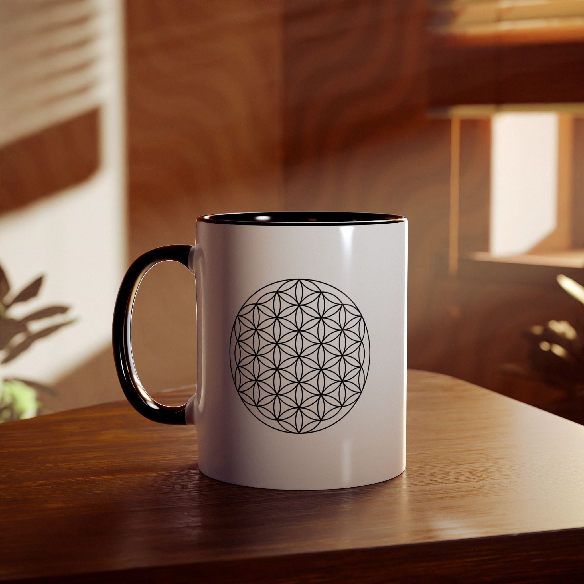 Flower of Life Black Accent Coffee Mug — Two-Tone 11oz Spiritual Geometry
