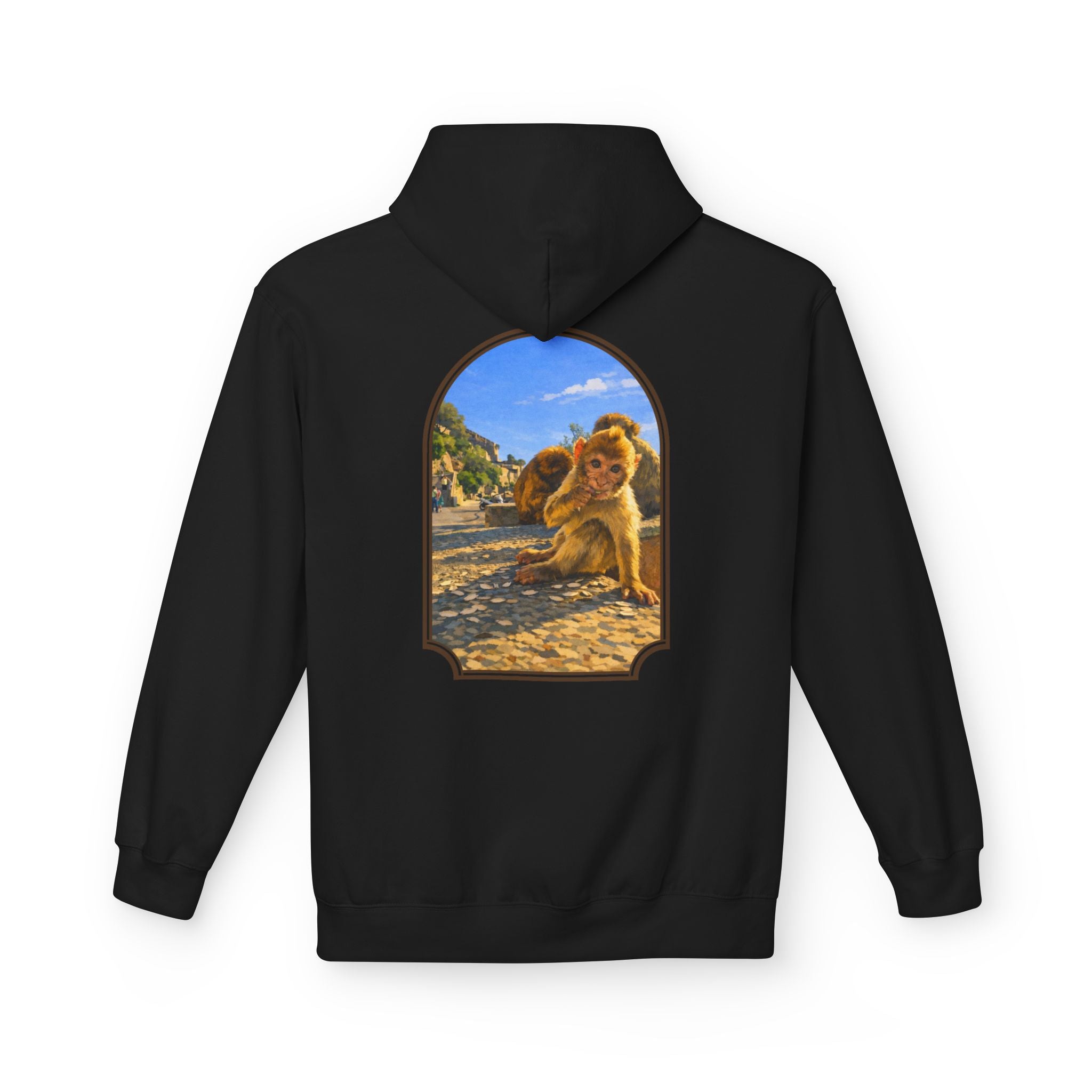 Gibraltar Baby Barbary Macaque Hoodie — Playful Wildlife Monkey Art Premium Fleece