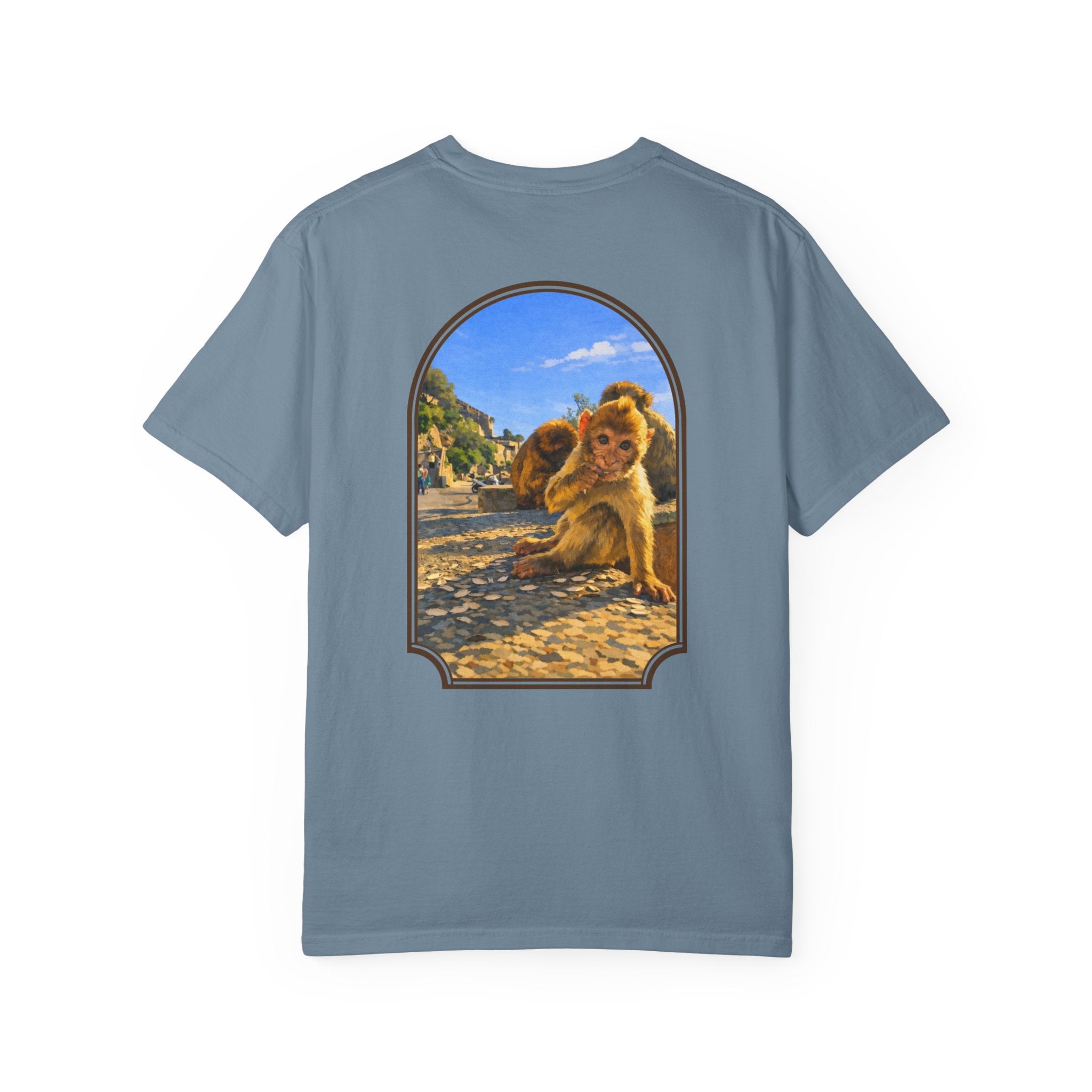 Gibraltar Baby Barbary Macaque T-Shirt — Playful Wildlife Monkey Art Garment-Dyed Tee