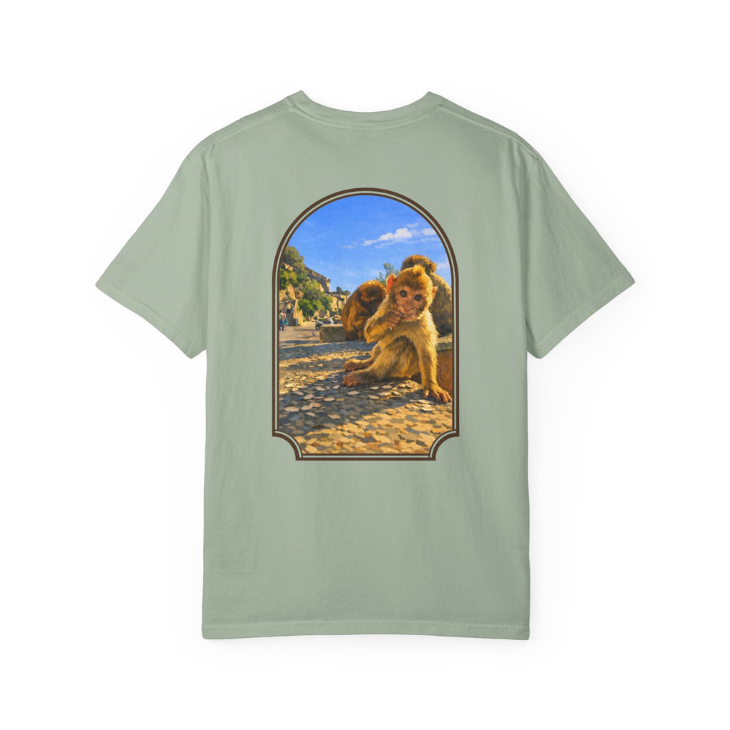 Gibraltar Baby Barbary Macaque T-Shirt — Playful Wildlife Monkey Art Garment-Dyed Tee