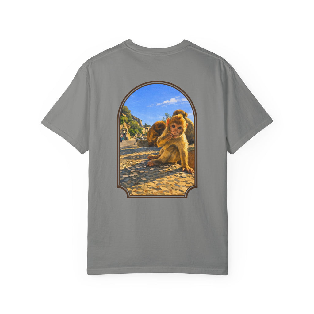 Gibraltar Baby Barbary Macaque T-Shirt — Playful Wildlife Monkey Art Garment-Dyed Tee