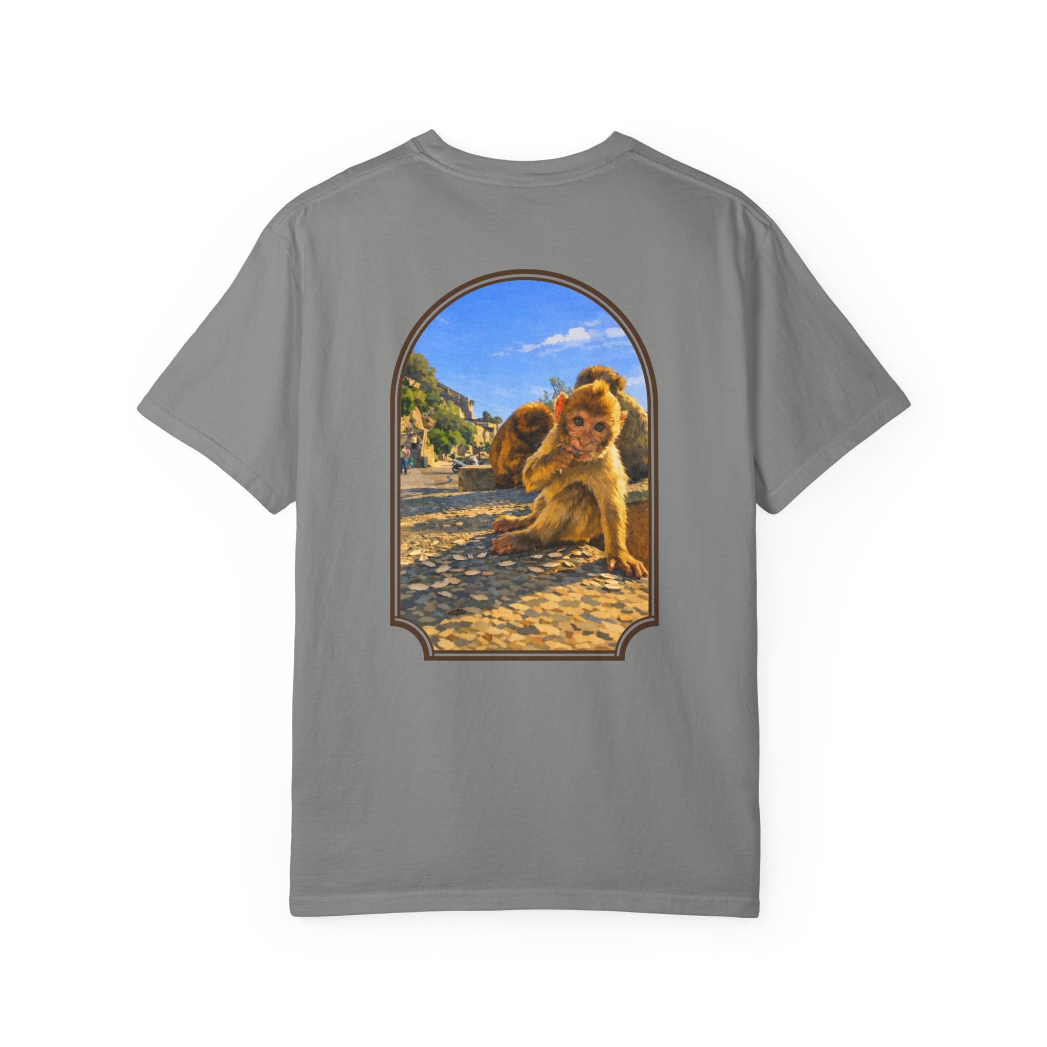 Gibraltar Baby Barbary Macaque T-Shirt — Playful Wildlife Monkey Art Garment-Dyed Tee