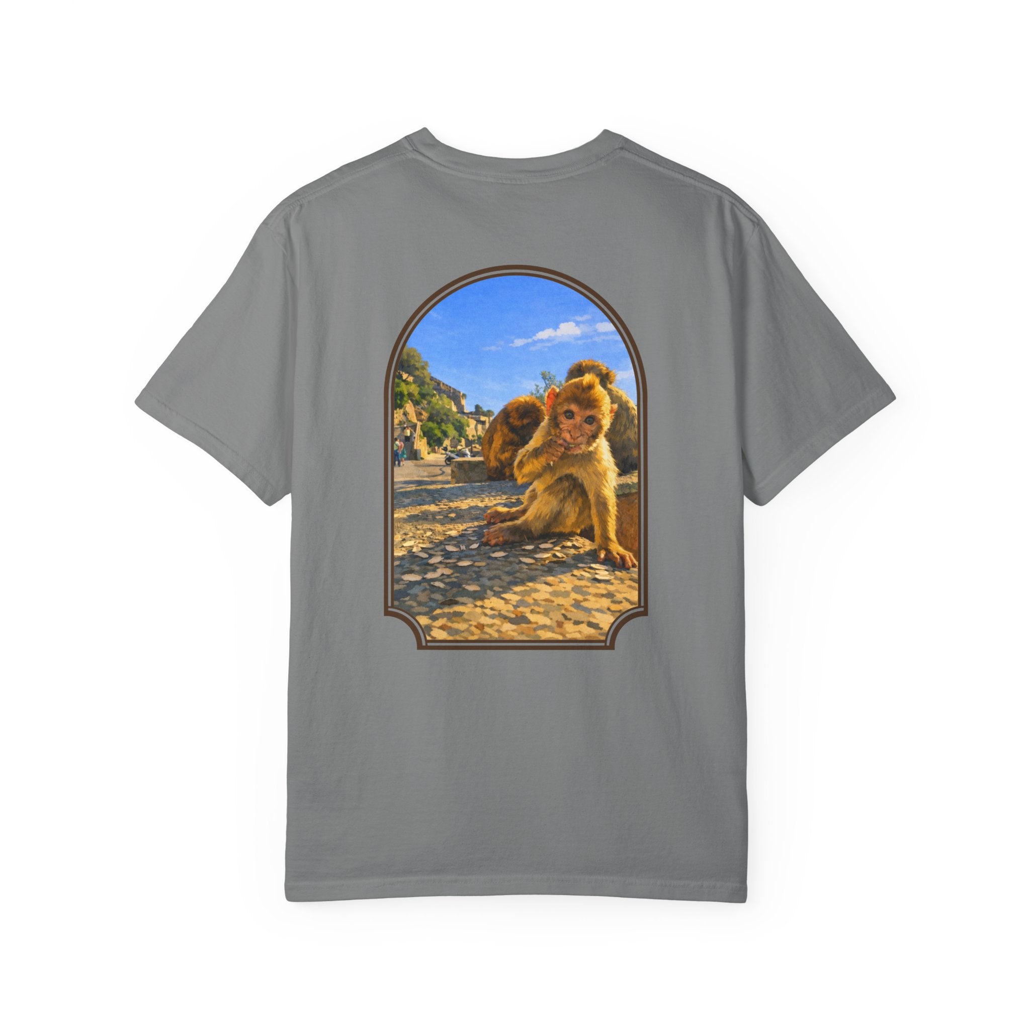 Gibraltar Baby Barbary Macaque T-Shirt — Playful Wildlife Monkey Art Garment-Dyed Tee