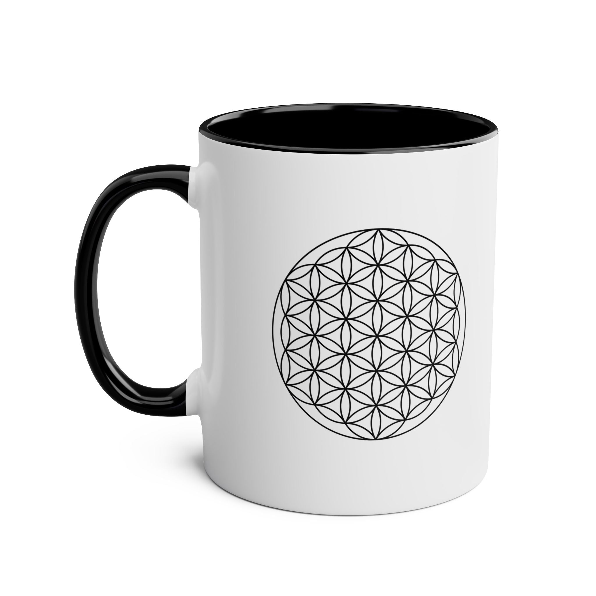 Flower of Life Black Accent Coffee Mug — Two-Tone 11oz Spiritual Geometry