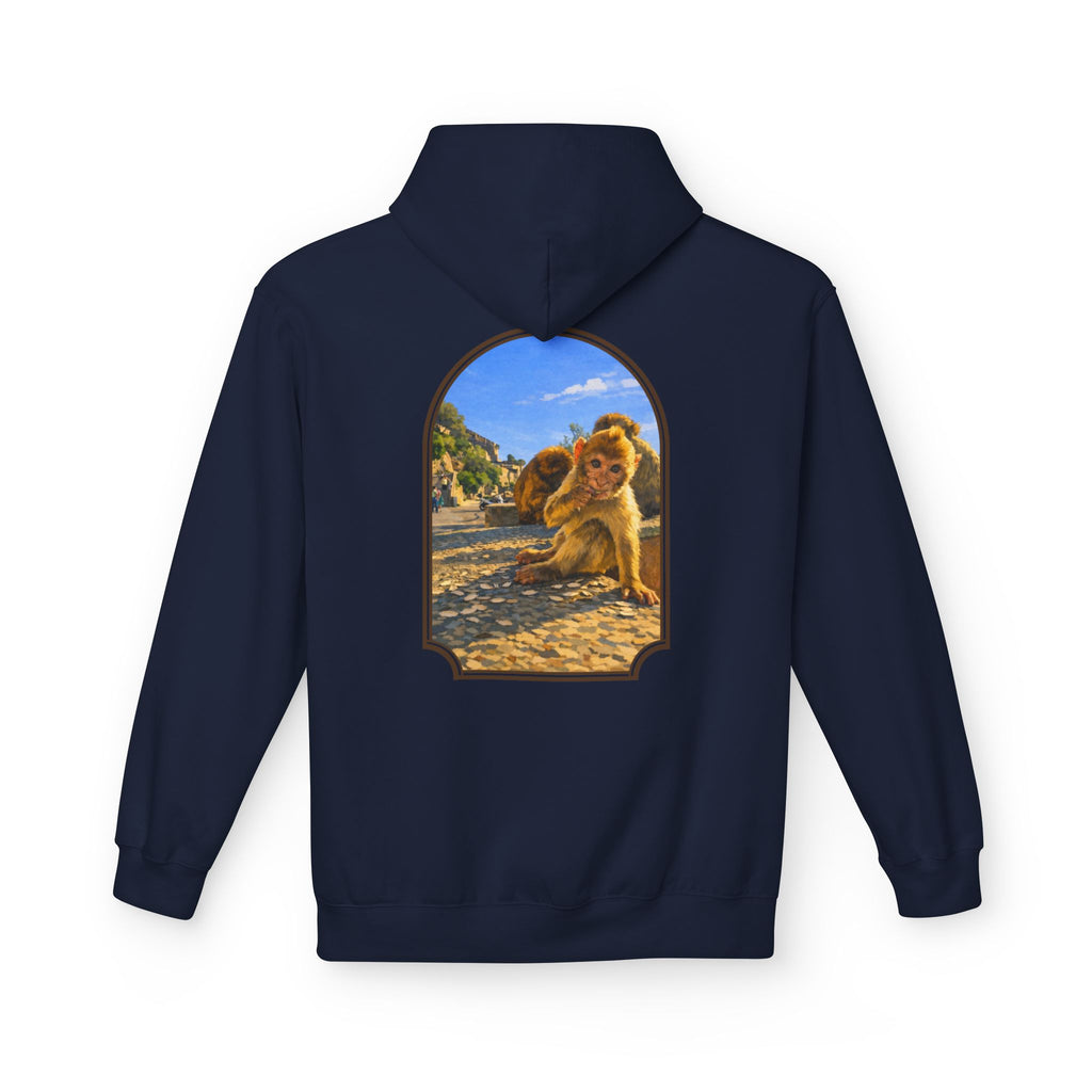 Gibraltar Baby Barbary Macaque Hoodie — Playful Wildlife Monkey Art Premium Fleece