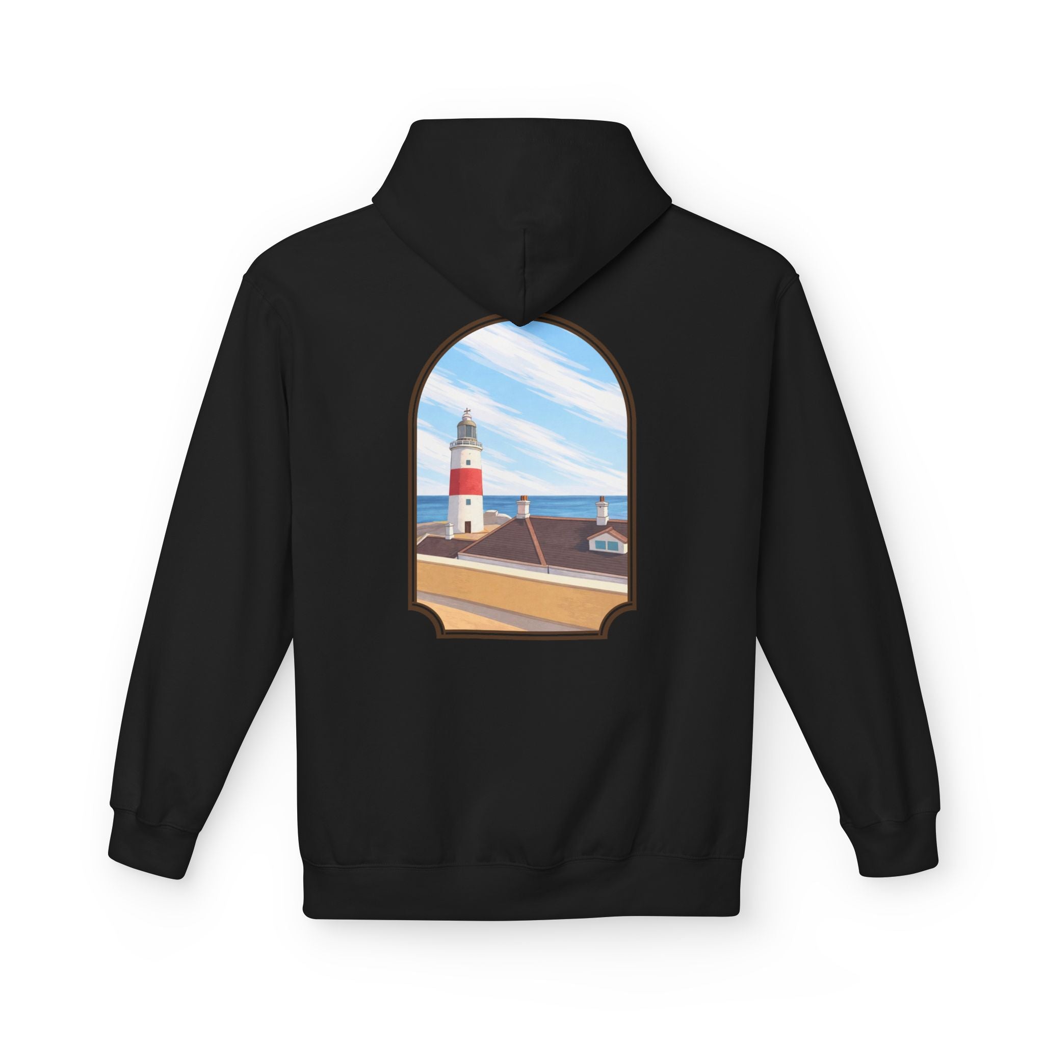 Gibraltar La Farola Hoodie — Premium Lighthouse Window Art Hoodie | Gibraltar Heritage Apparel