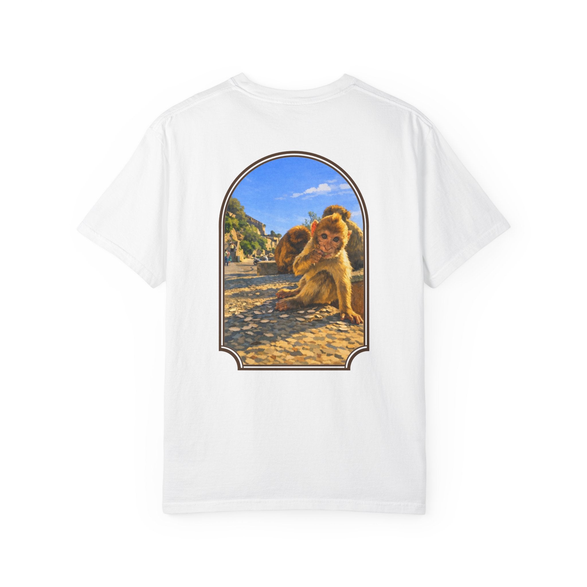 Gibraltar Baby Barbary Macaque T-Shirt — Playful Wildlife Monkey Art Garment-Dyed Tee