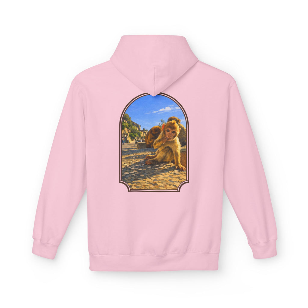 Gibraltar Baby Barbary Macaque Hoodie — Playful Wildlife Monkey Art Premium Fleece