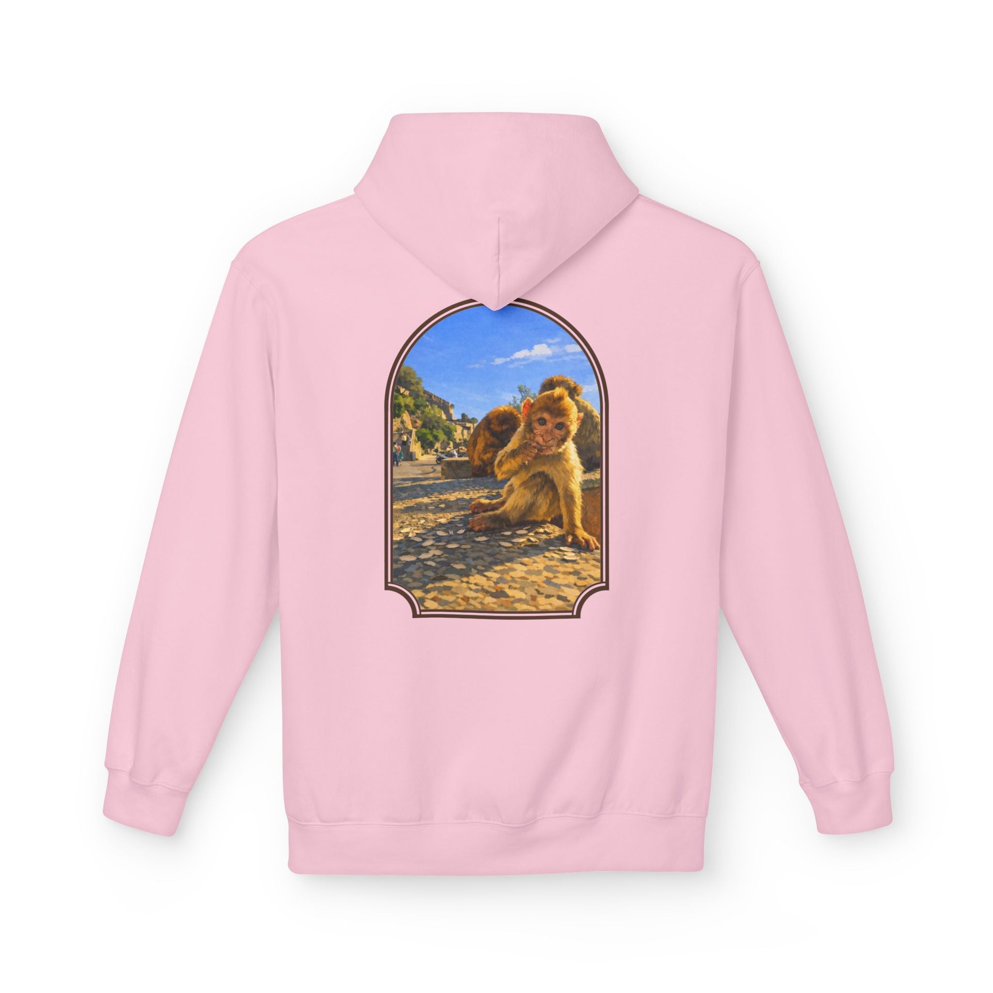 Gibraltar Baby Barbary Macaque Hoodie — Playful Wildlife Monkey Art Premium Fleece
