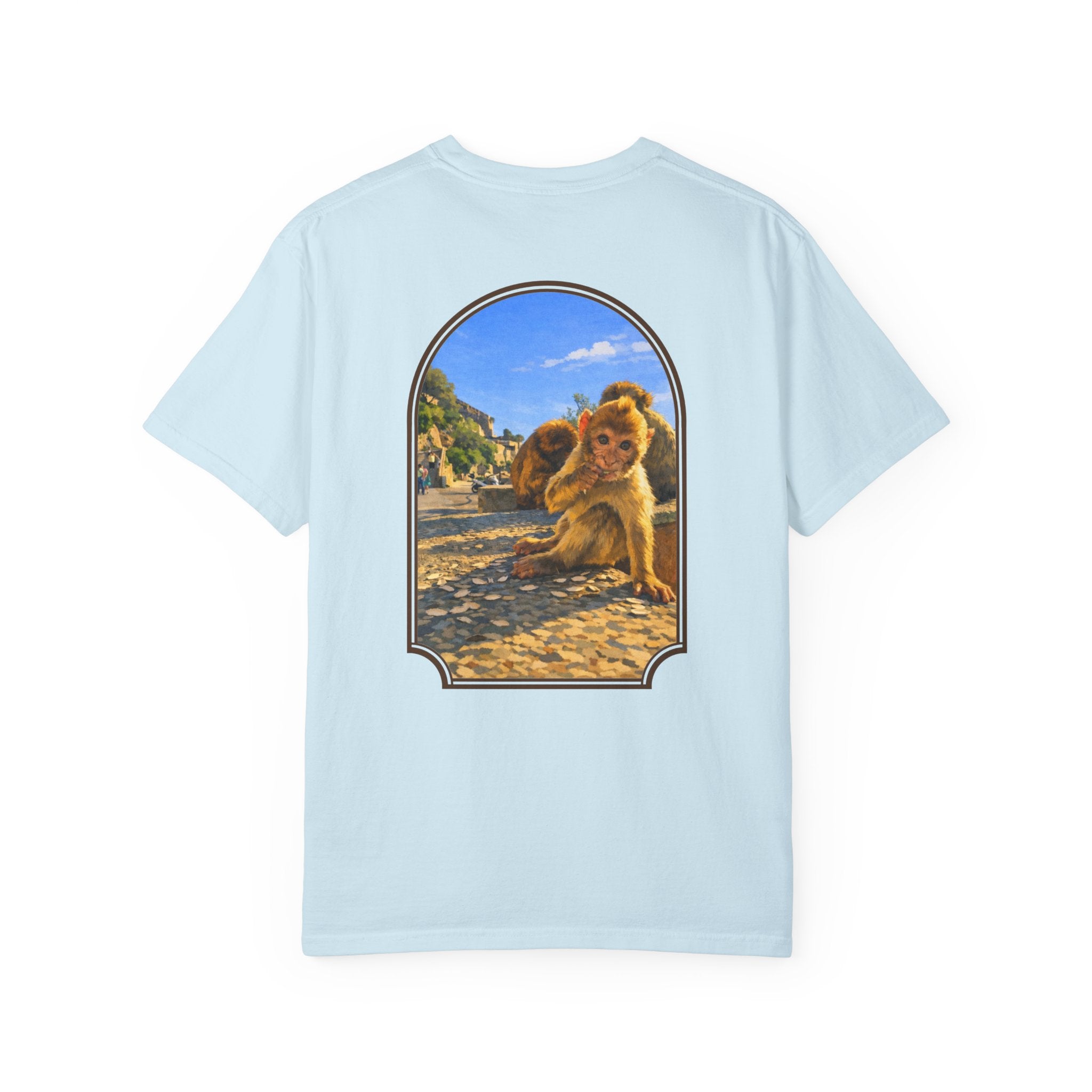 Gibraltar Baby Barbary Macaque T-Shirt — Playful Wildlife Monkey Art Garment-Dyed Tee