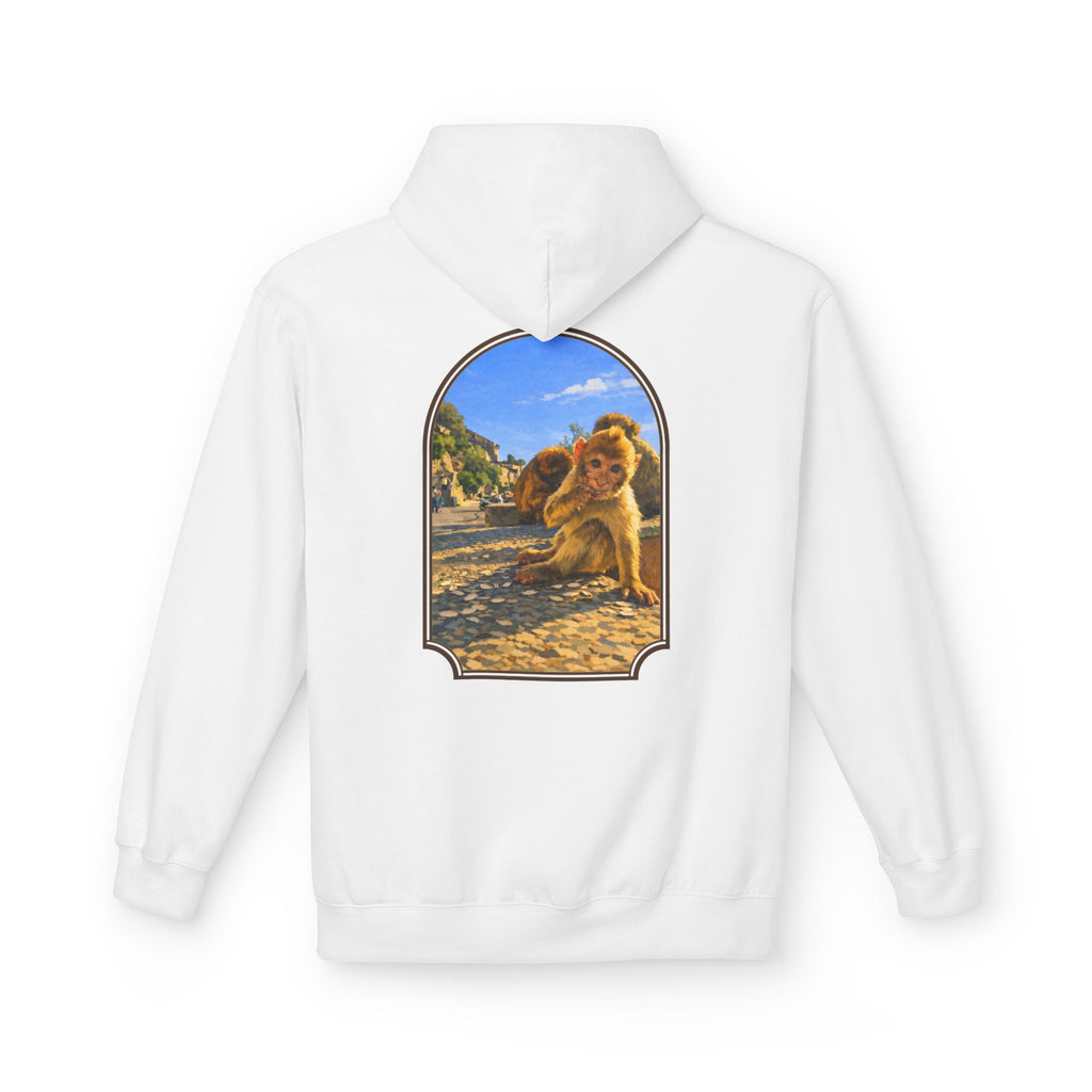 Gibraltar Baby Barbary Macaque Hoodie — Playful Wildlife Monkey Art Premium Fleece