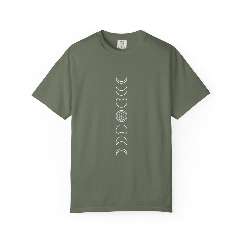Moon Phases Seed of Life T-Shirt — Lunar Cycle Sacred Geometry Tee