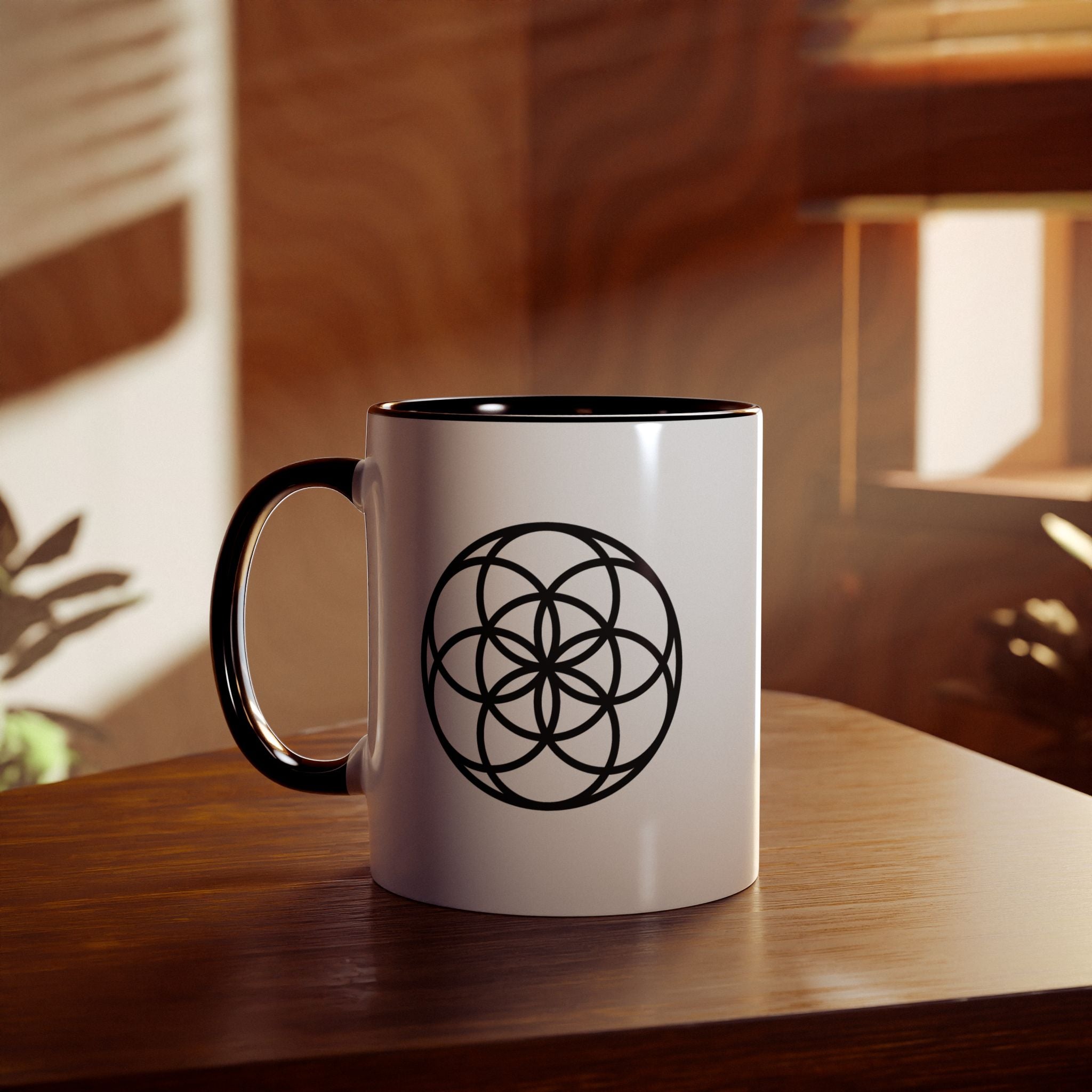 Seed of Life Black Accent Coffee Mug — Two-Tone 11oz Spiritual Geometry Design