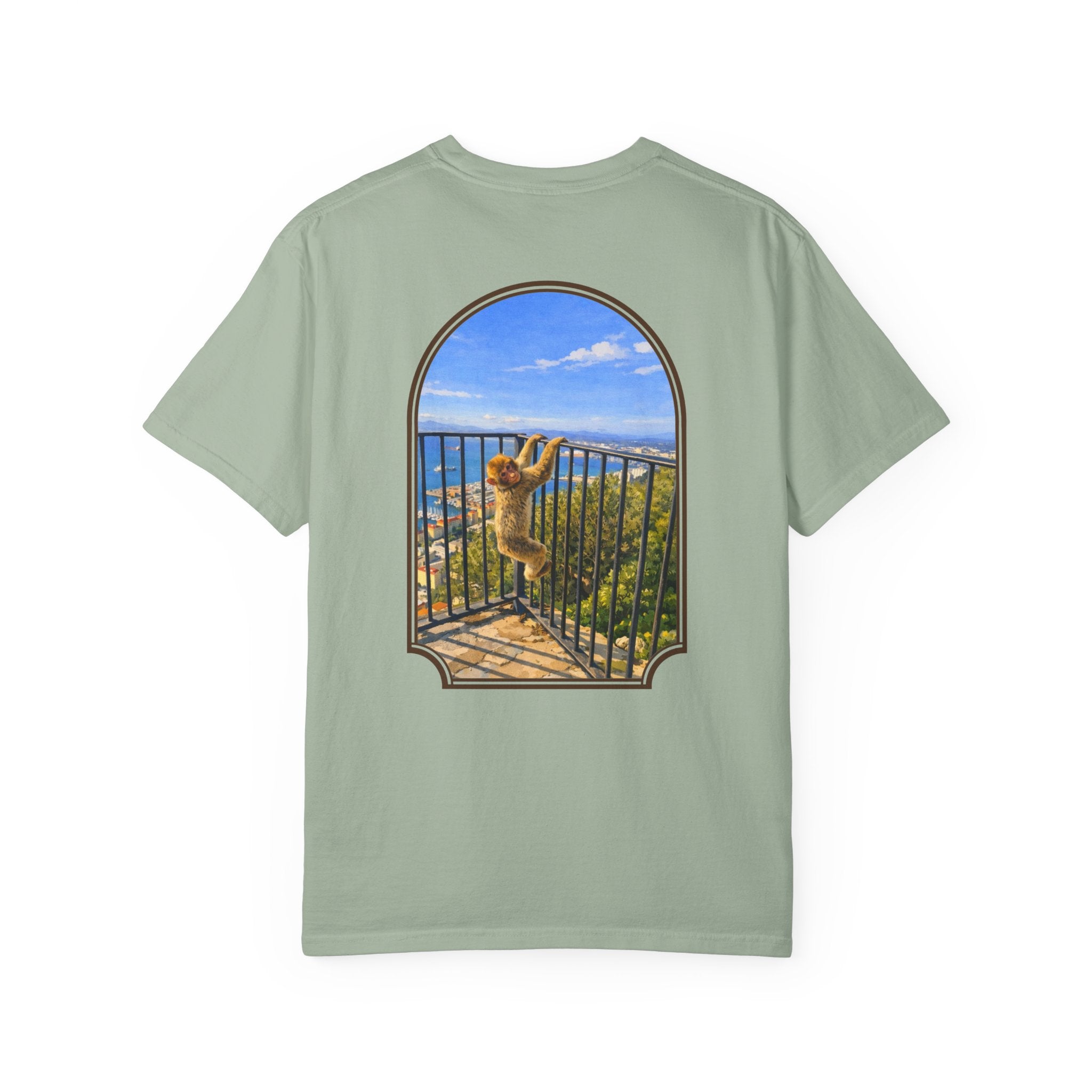 Gibraltar Hanging Barbary Macaque T-Shirt — Wildlife Monkey Art Garment-Dyed Tee