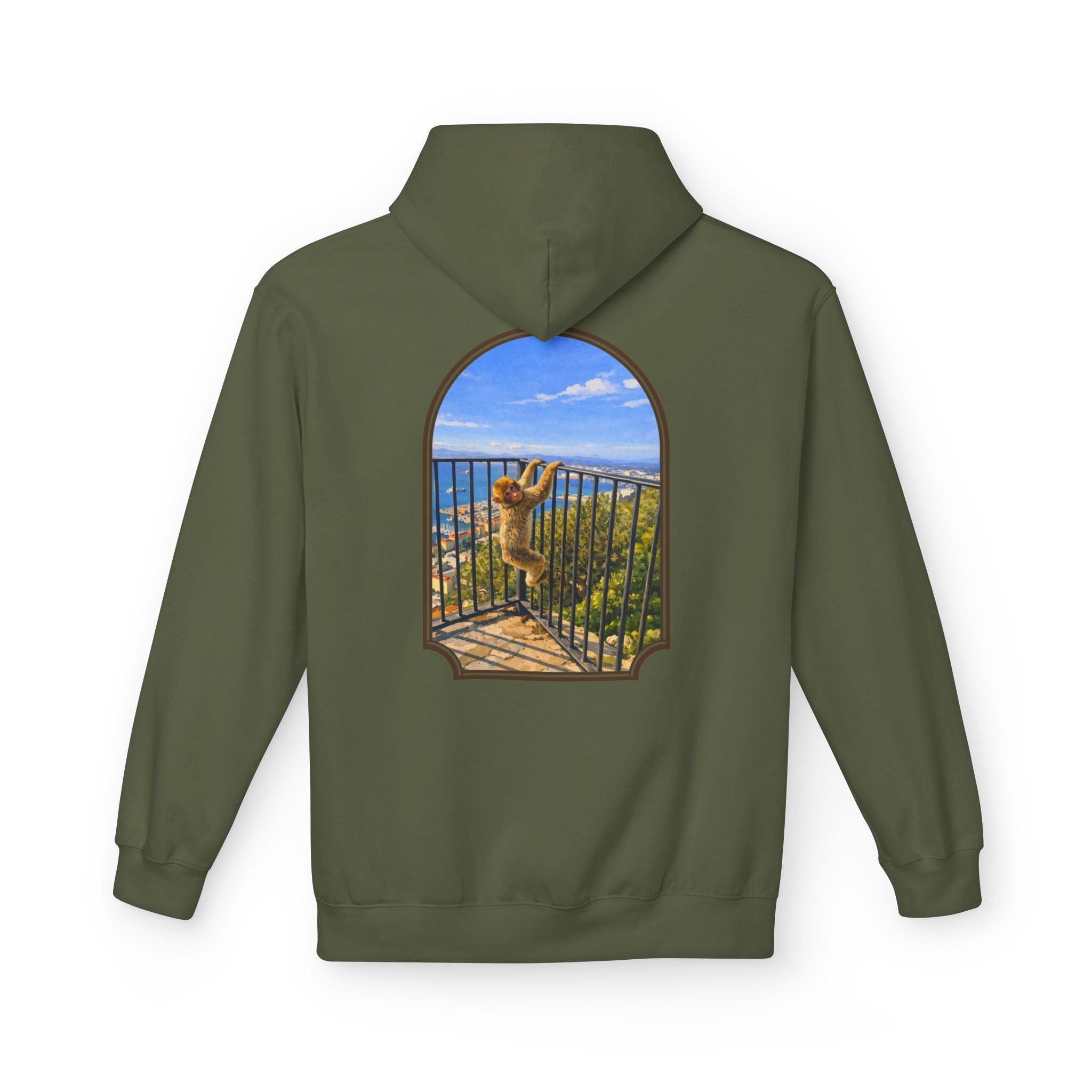 Gibraltar Hanging Barbary Macaque Hoodie — Wildlife Monkey Art Premium Fleece Sweatshirt