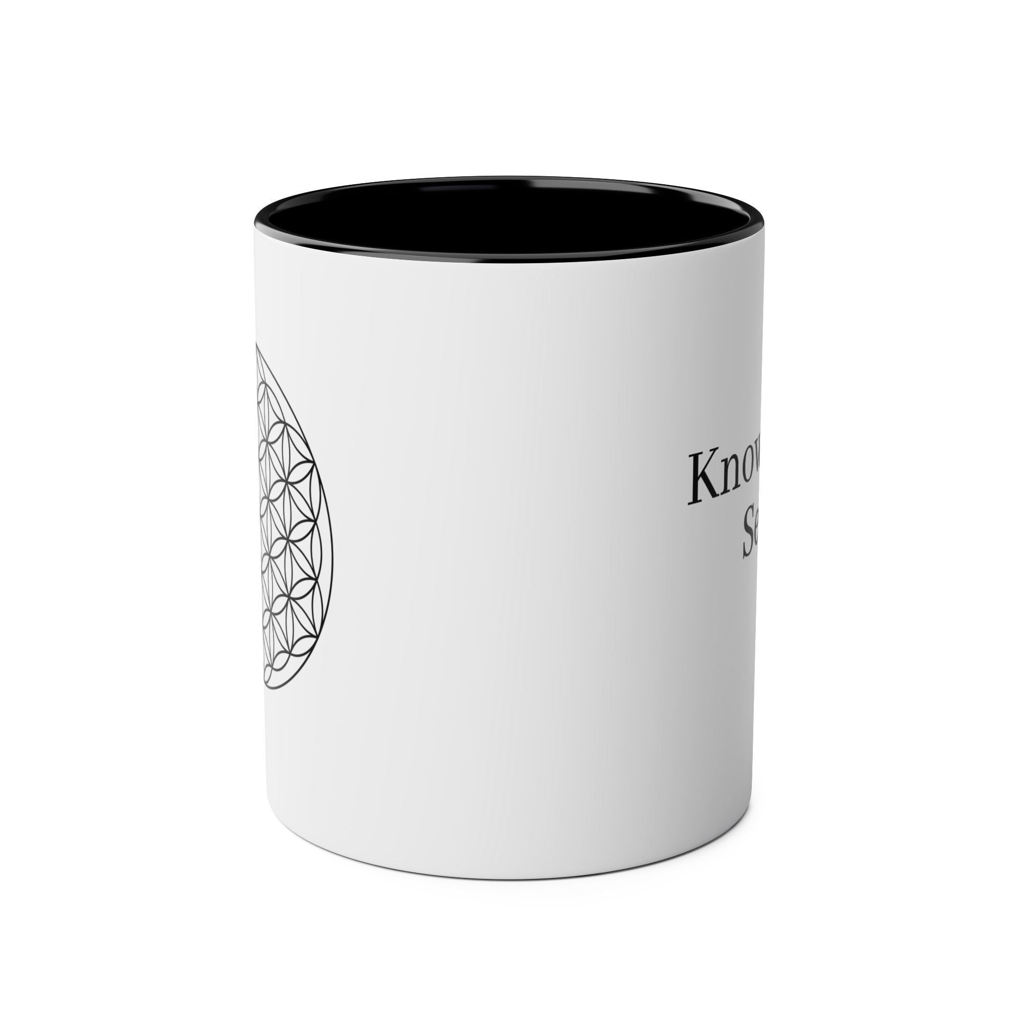 Flower of Life Black Accent Coffee Mug — Two-Tone 11oz Spiritual Geometry